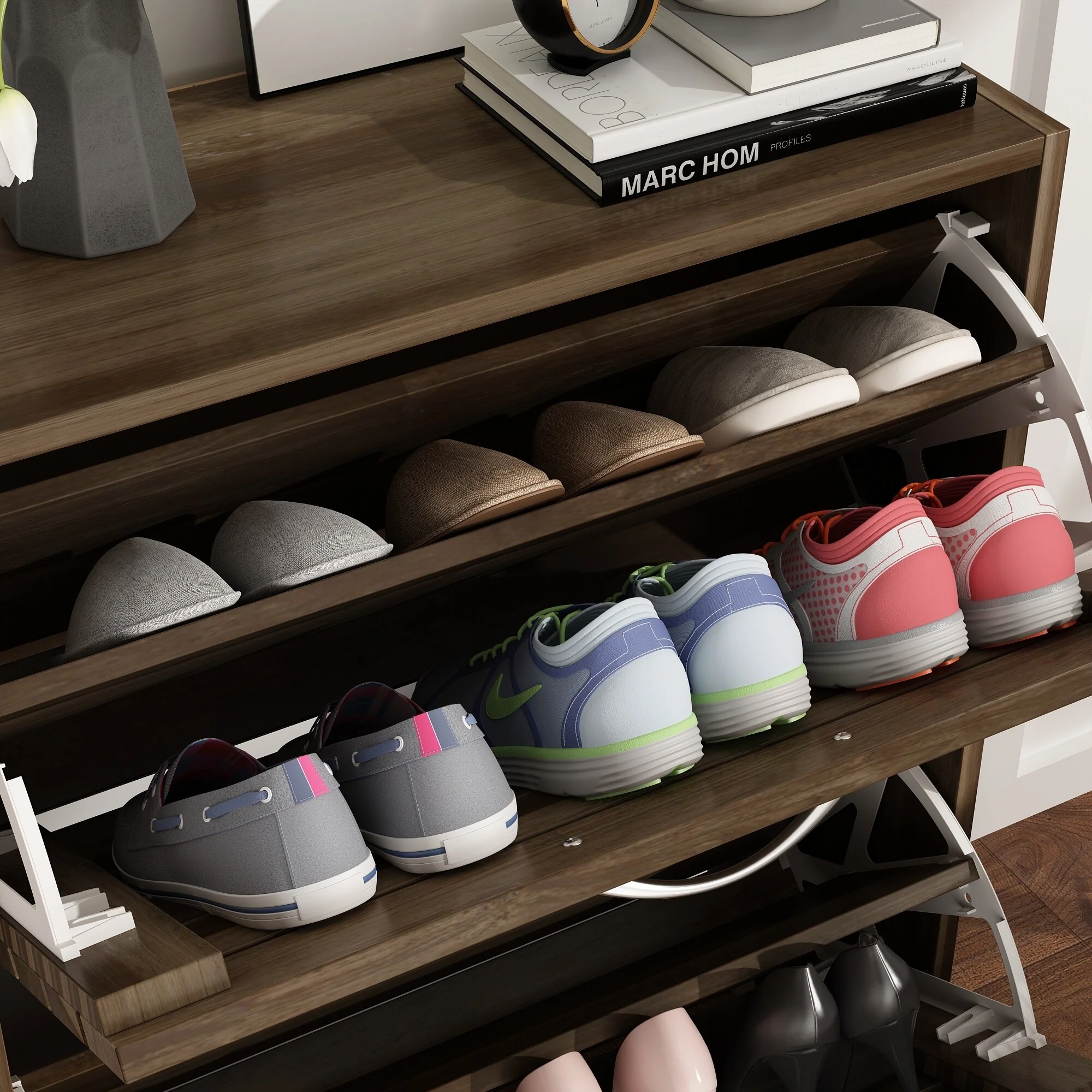 Shoe Storage Cabinet Two Drawer Space Saving Grey/Oak/White Dresser