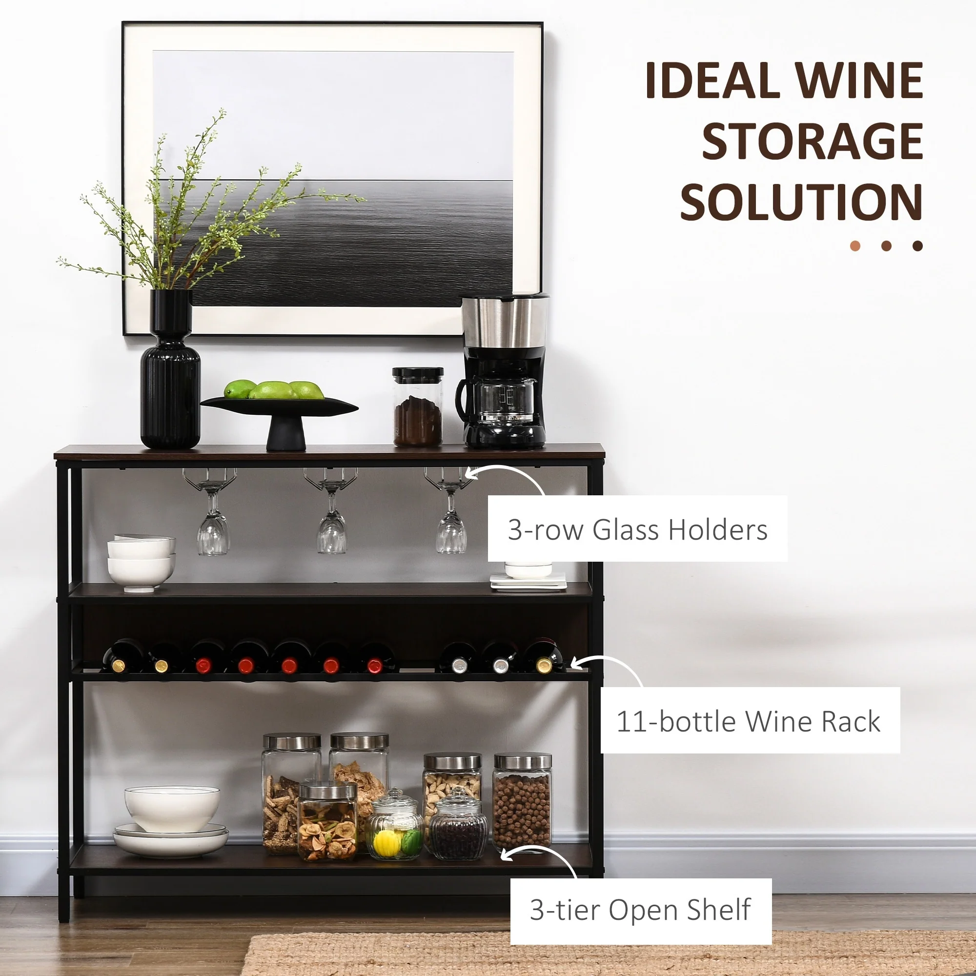 HOMCOM Industrial Wine Rack with 11-Bottles Holder, Free Standing Wine Shelf with Glass Holders, Dark Brown