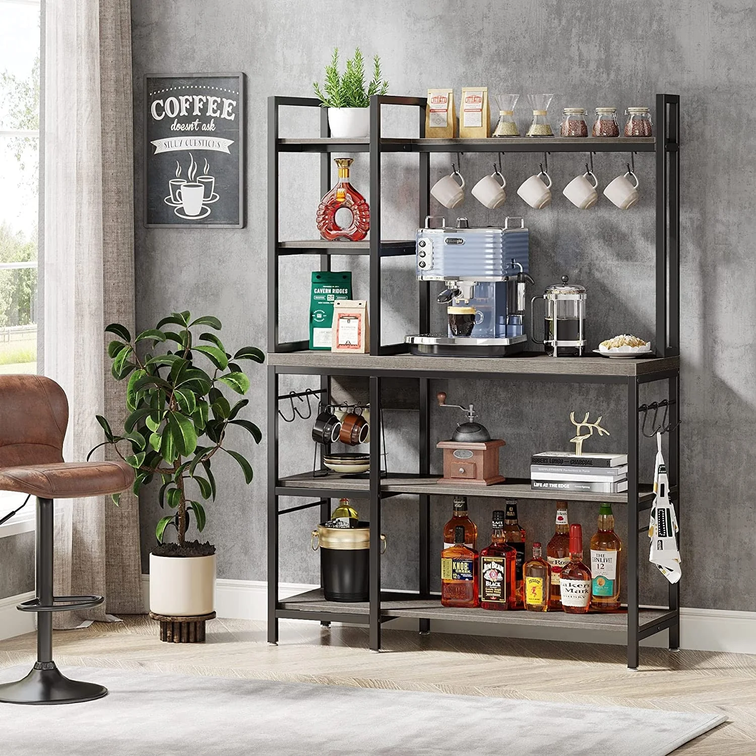 43 inch Kitchen Bakers Rack with Microwave Stand 5-Tier Kitchen Utility Storage Shelf Rack and10 Hooks for Kitchen Living Room