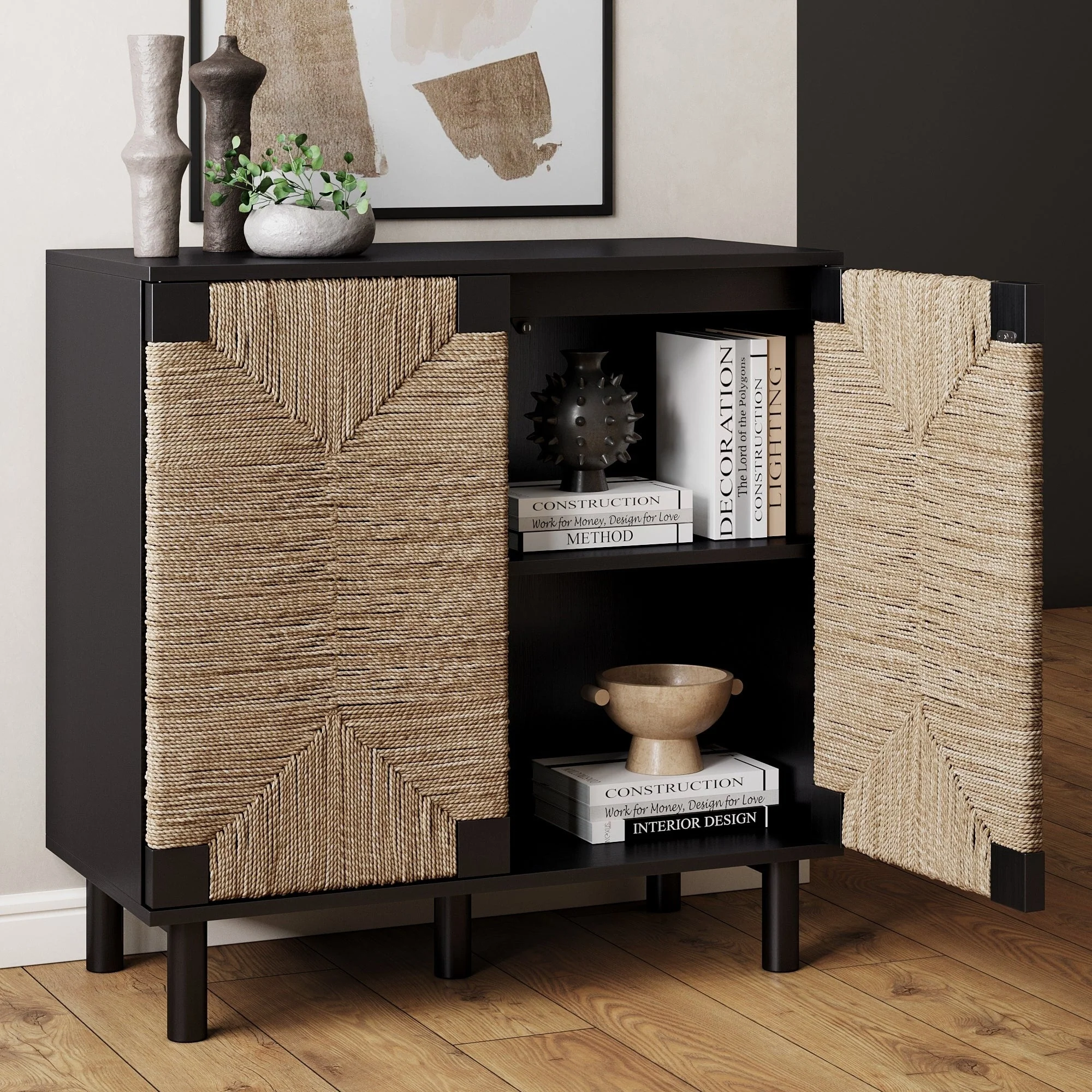 Nathan James Beacon Wood Accent Cabinet with Seagrass Doors and Adjustable Shelf