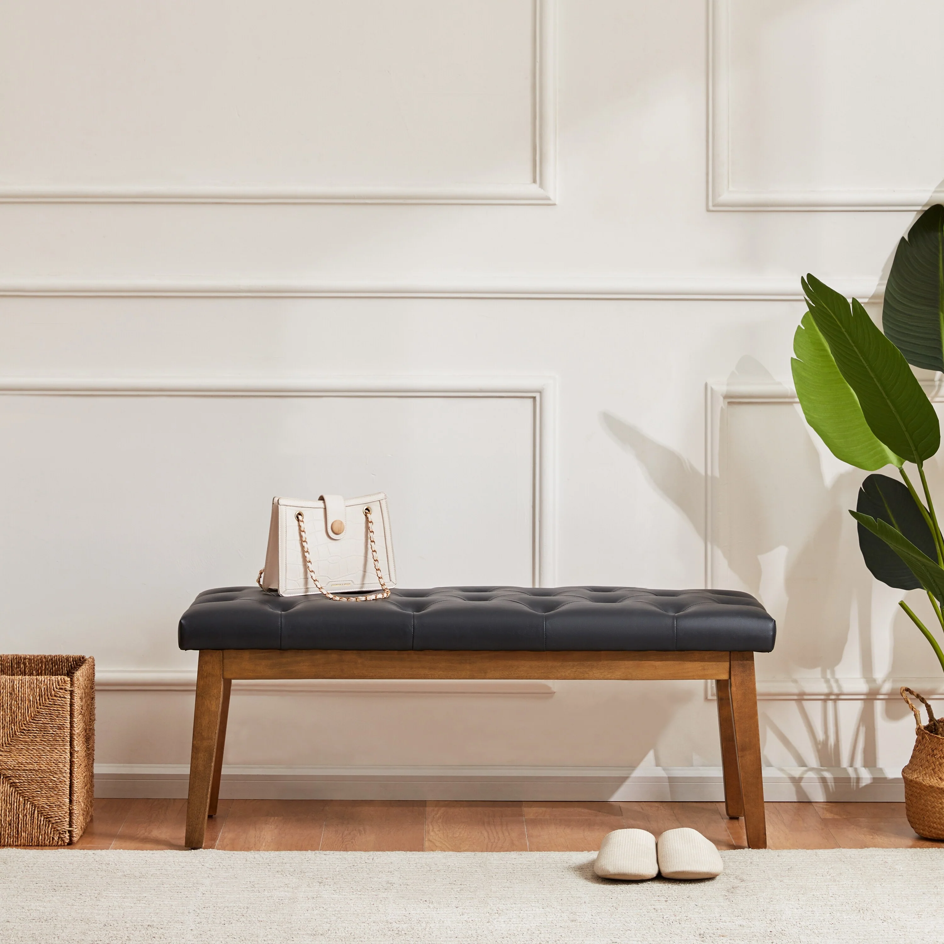 Button-Tufted Bench for End of Bed, Entryway Bench Beige/ Black/ Brown Solid Wood, Leather, Fabric 44-inch