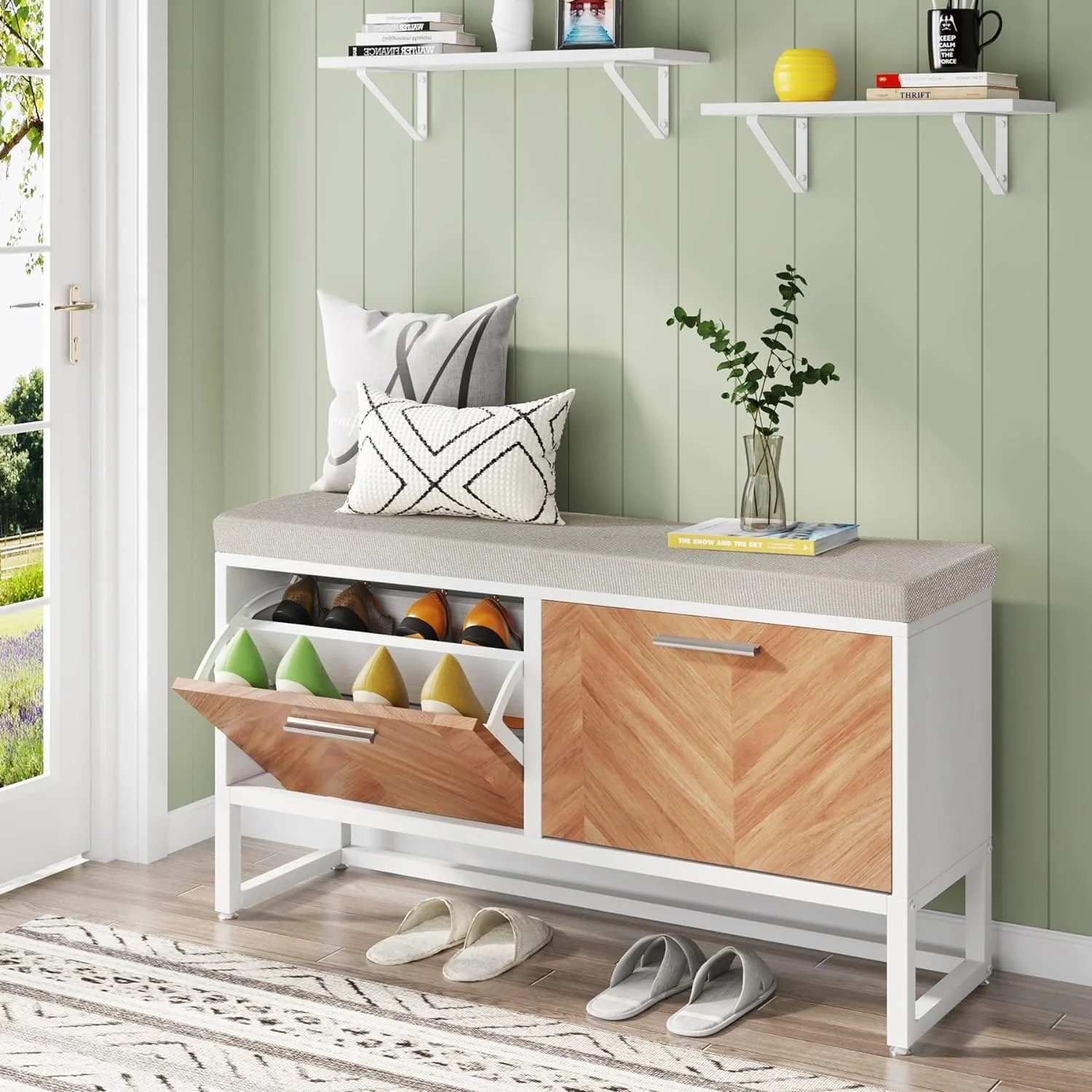 Shoe Storage Bench with Cushion, Entryway Shoe Bench with 2 Flip Drawers