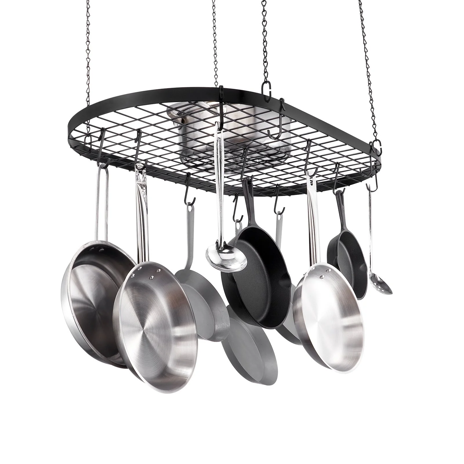Black Carbon Steel Ceiling Mounted Hanging Pot Rack with S Shaped Hooks Ideal for Home or Restaurant
