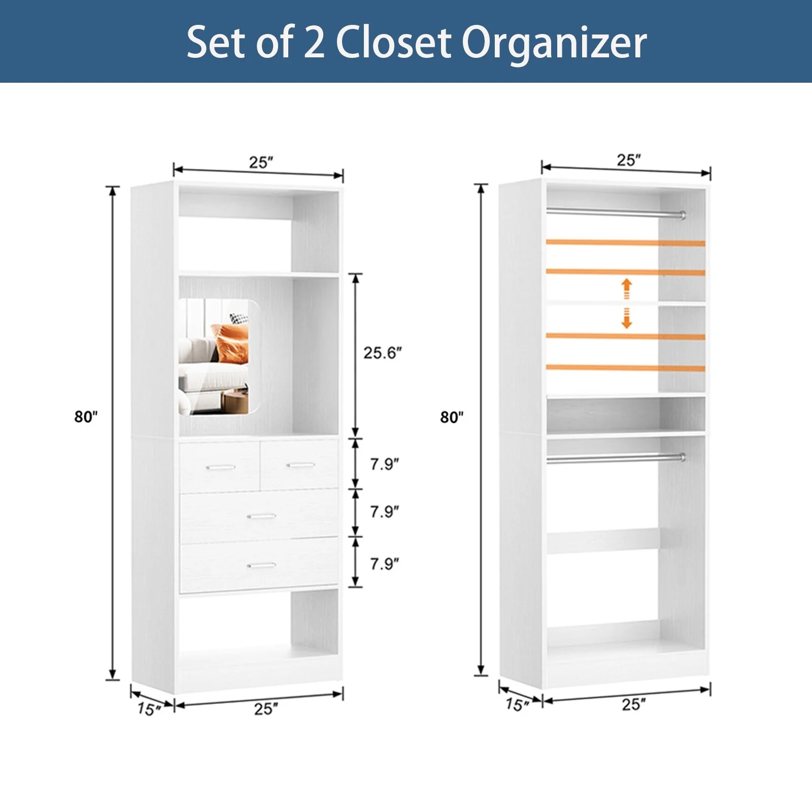 Cimly Set of 2 Free-standing Closet System with Drawers and Hanging Rods for Reach-in/ Walk-in Closet