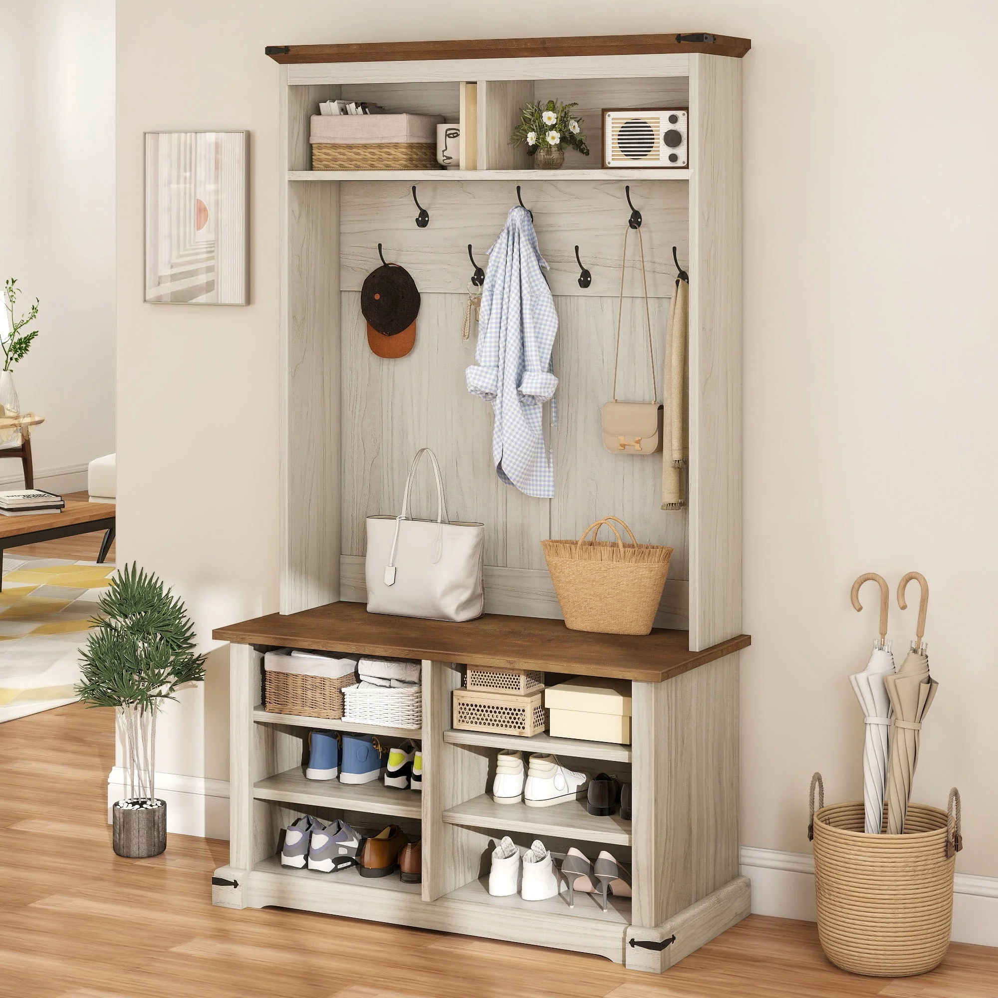 Moasis Farmhouse Hall Tree with Bench and Shoe Storage with 10 Hooks for Entryway
