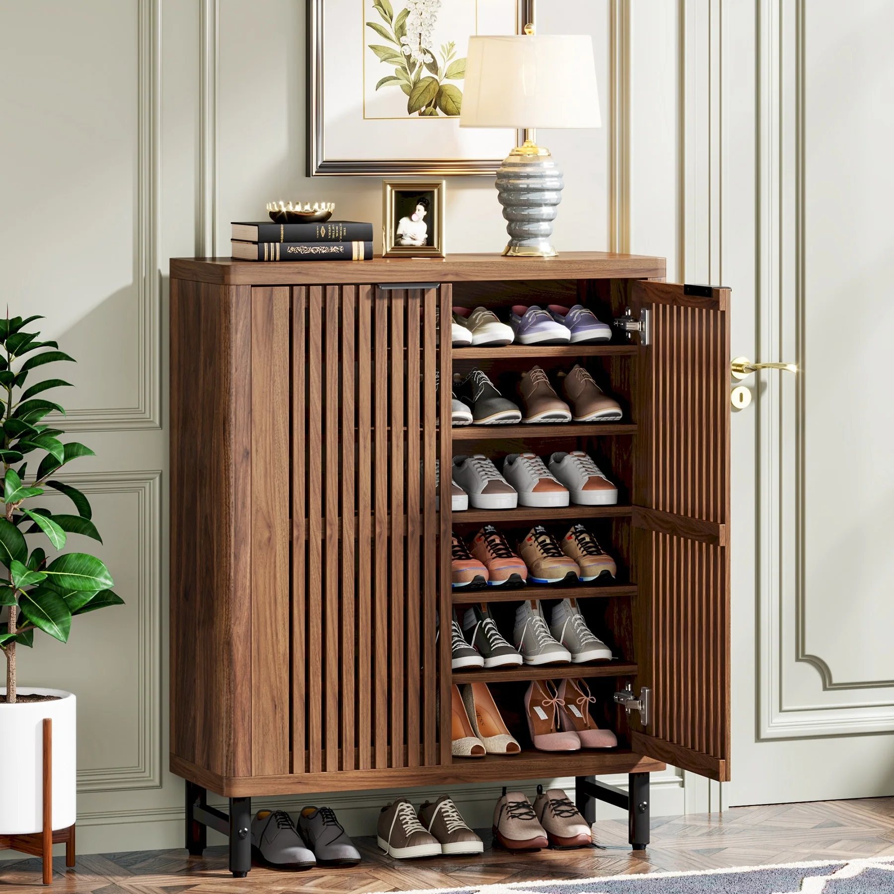 24 Pairs Wood Shoe Storage Cabinet with 2-Door and Adjustable Shelving for Entryway Living Room