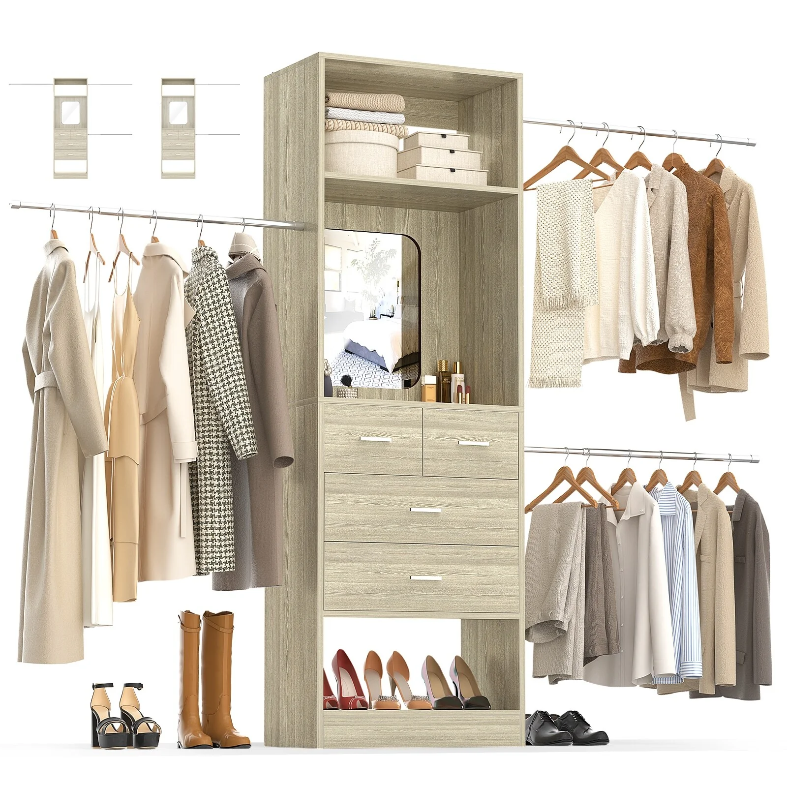 96'' W Closet System with Mirror, 8FT Walk-in Closet Organizer Kits with 4 Wooden Drawers ＆ 3 Extendable Hanging Rods
