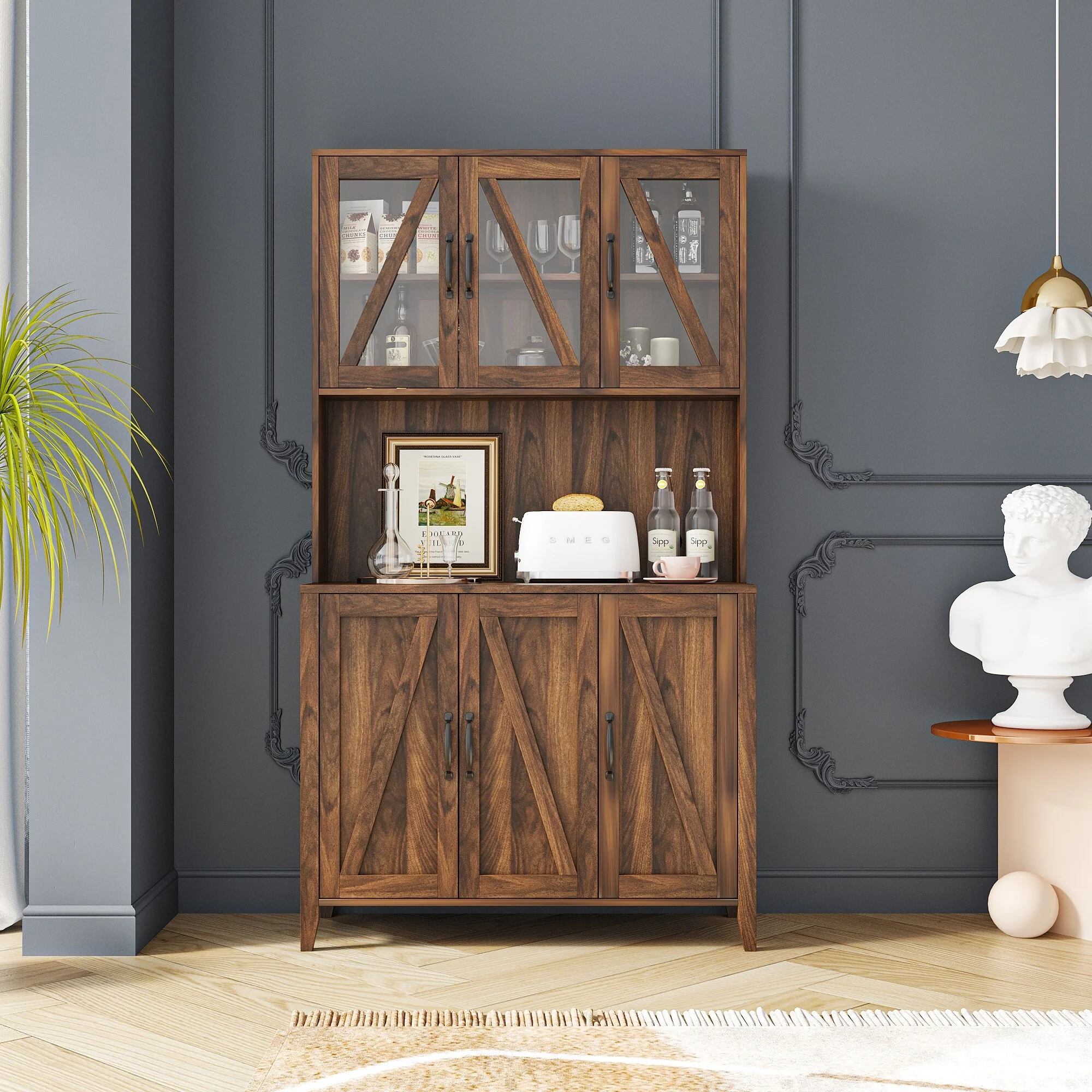 Pantry Storage Cabinet with Glass Doors - N/A