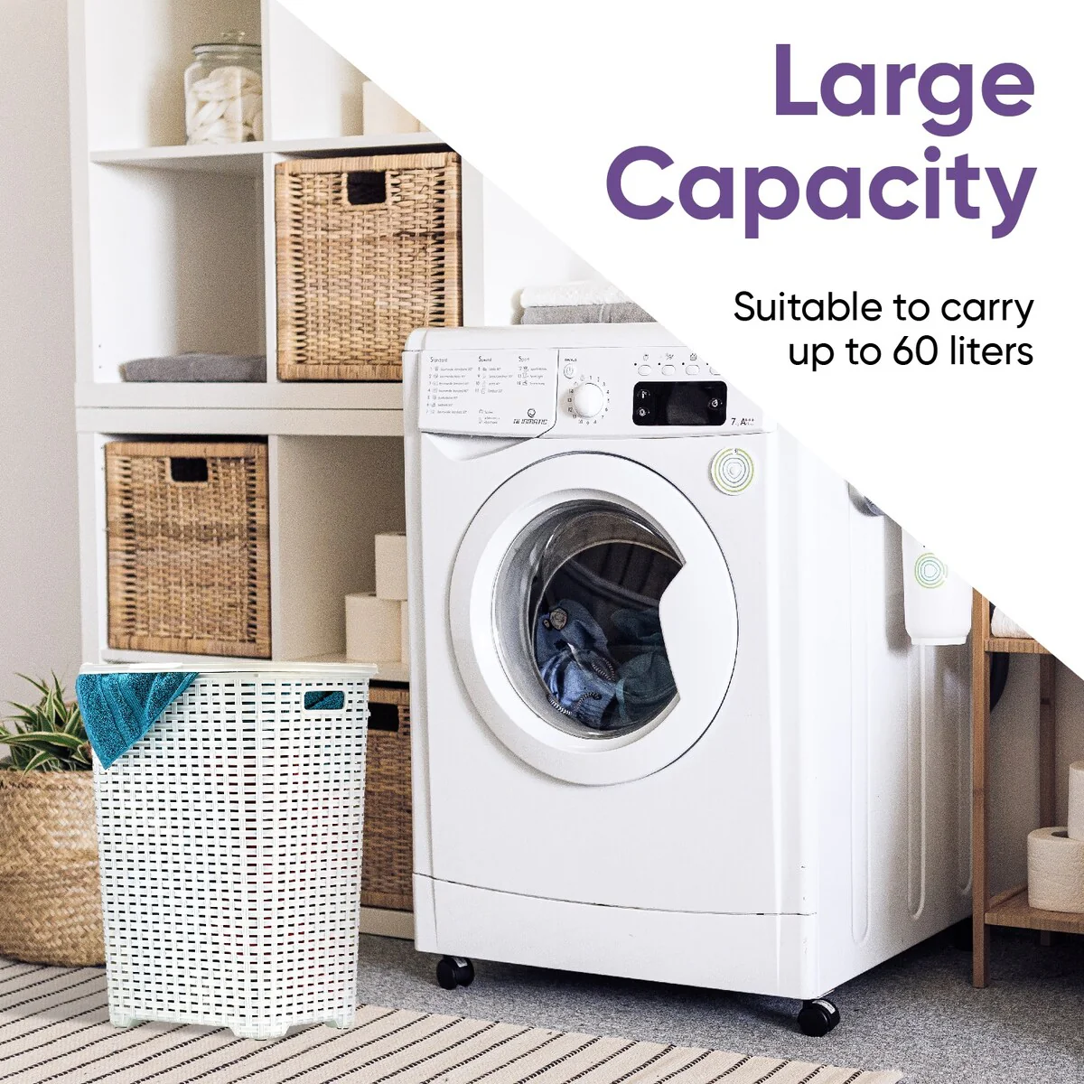 Superio Plastic Wicker Laundry Hamper with Lid Large Capacity - Capacity: 60l
