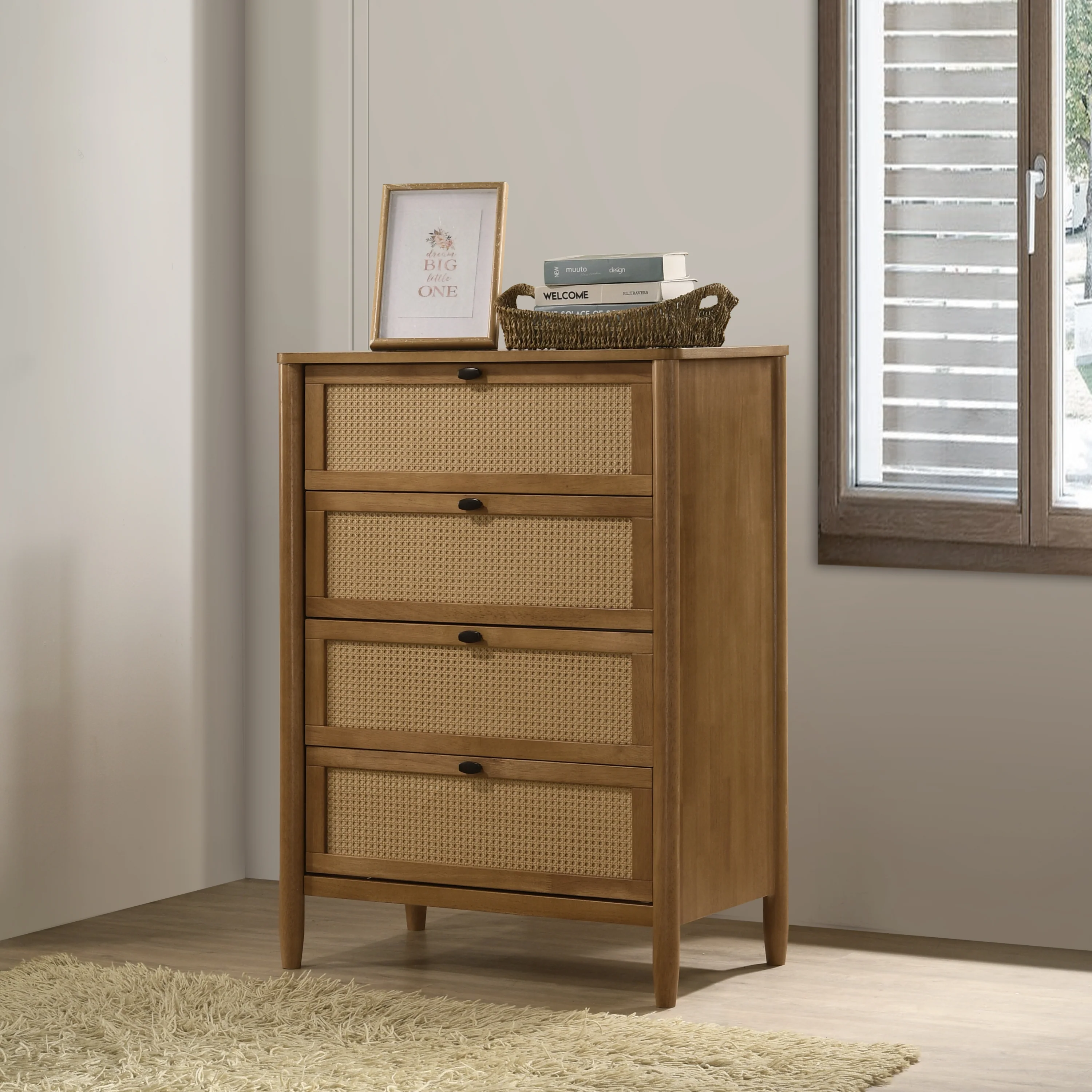 Vichy Wood and Rattan 4-Drawer Chest