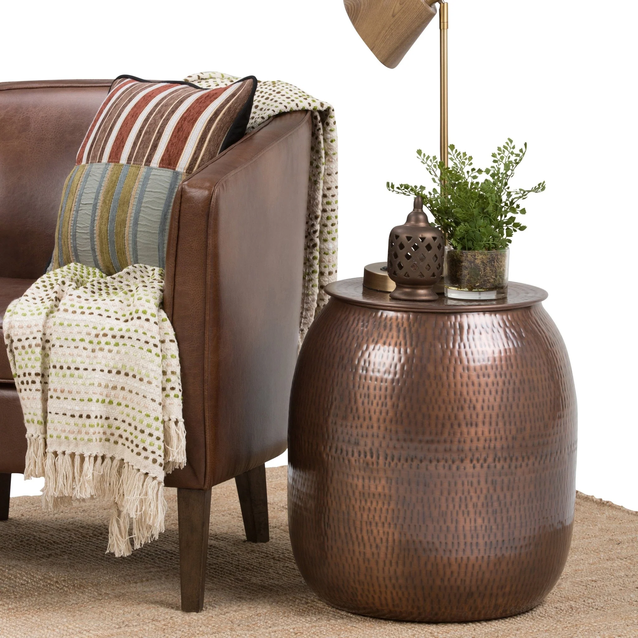 Destiny Drum-Shaped Hammered Accent Table with Removable Top
