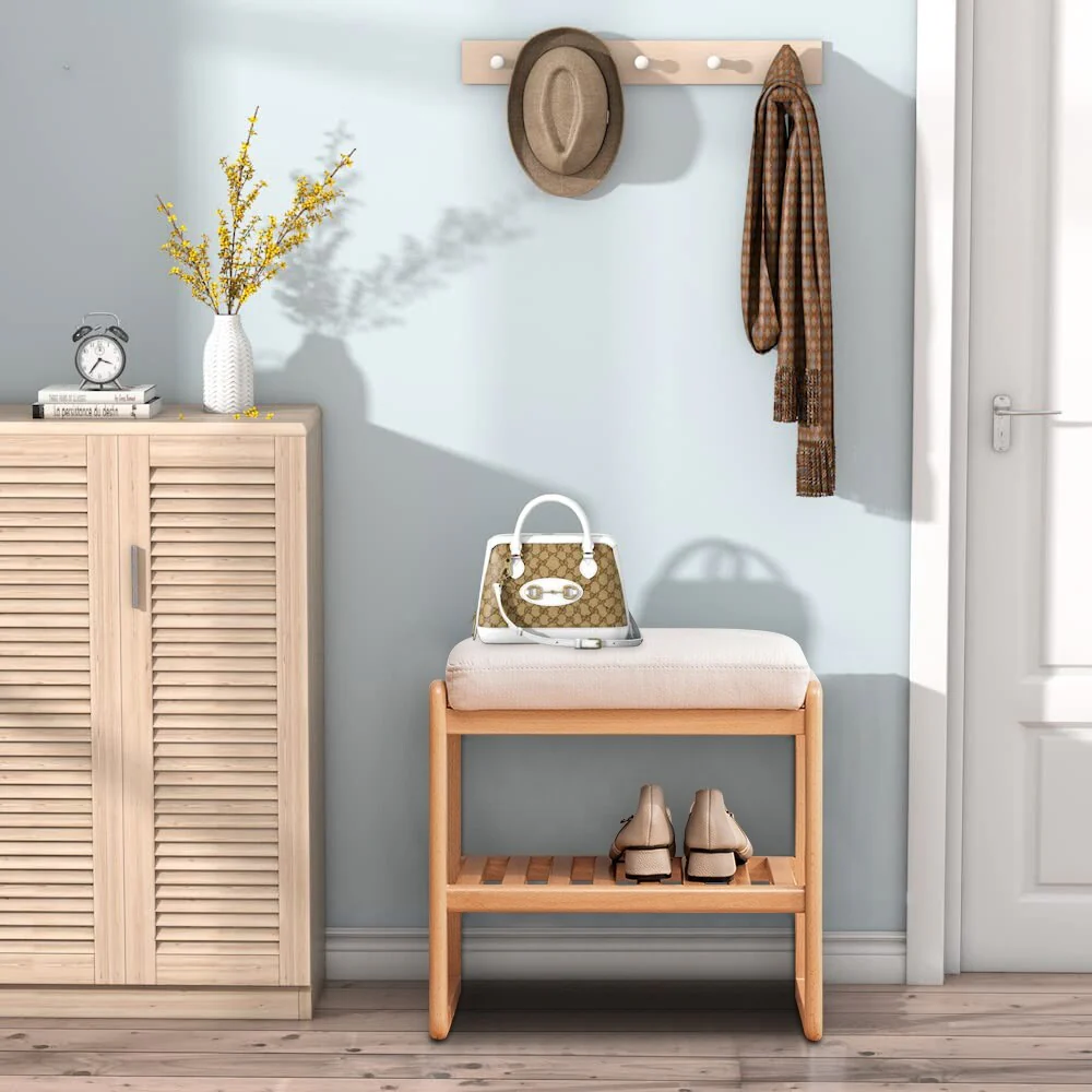 Solid Wood Shoe Bench with Sponge Cushion, Shoe Rack for Entryway - 23