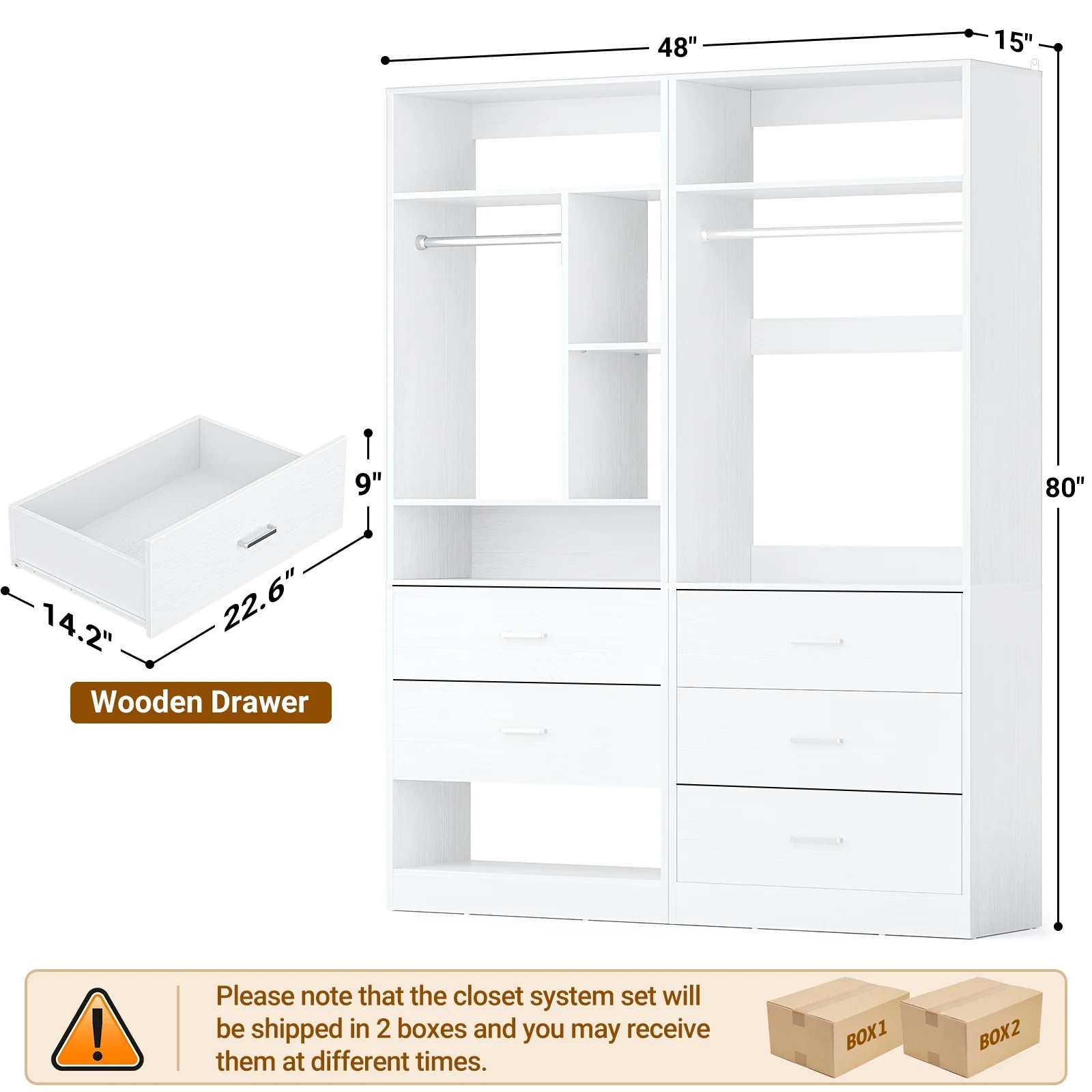 Kyrvo 48''W Set of 2 Freestanding Closet System with 5 Drawers ＆ 2 Hanging Rods,Reversible Wardrobe for Walk-in/Reach-in Closet