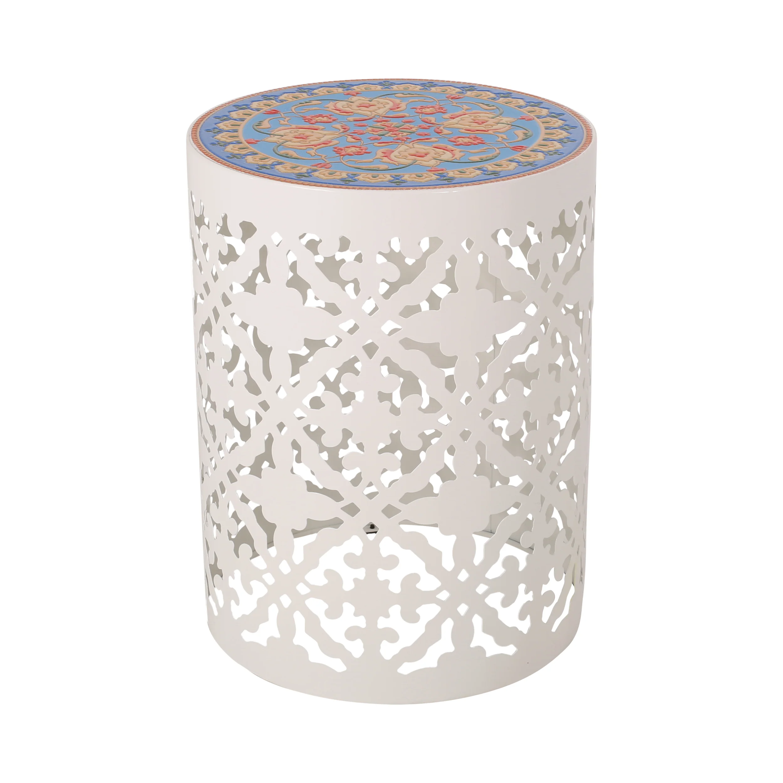 Curative Outdoor Side Table with Lace Cut Design and Metal Frame