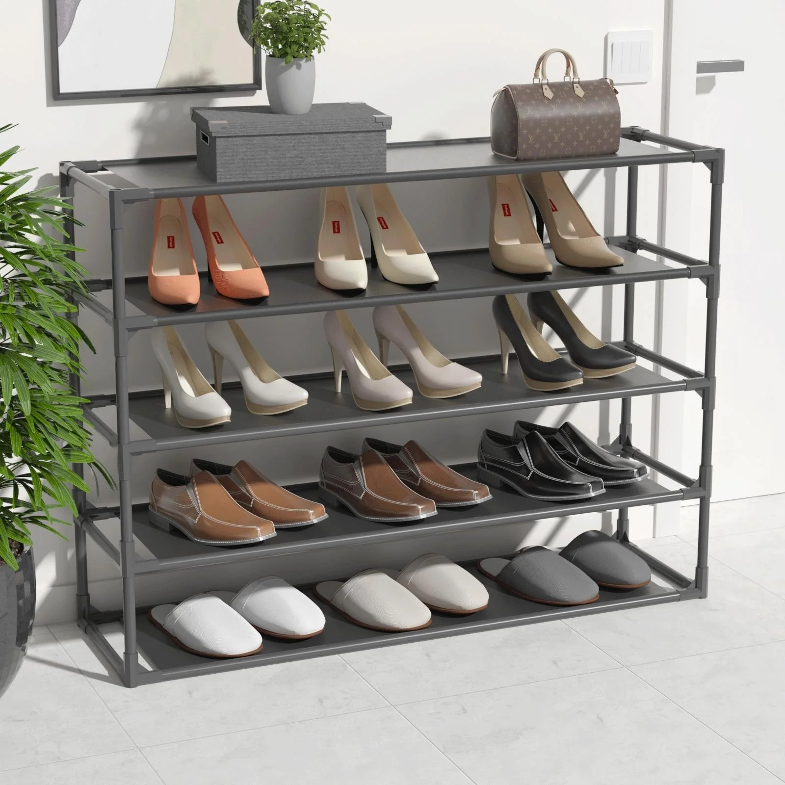 Shoe Rack Detachable Non-Woven Waterproof Fabric Shoe Organizer Tower Black Set of 2