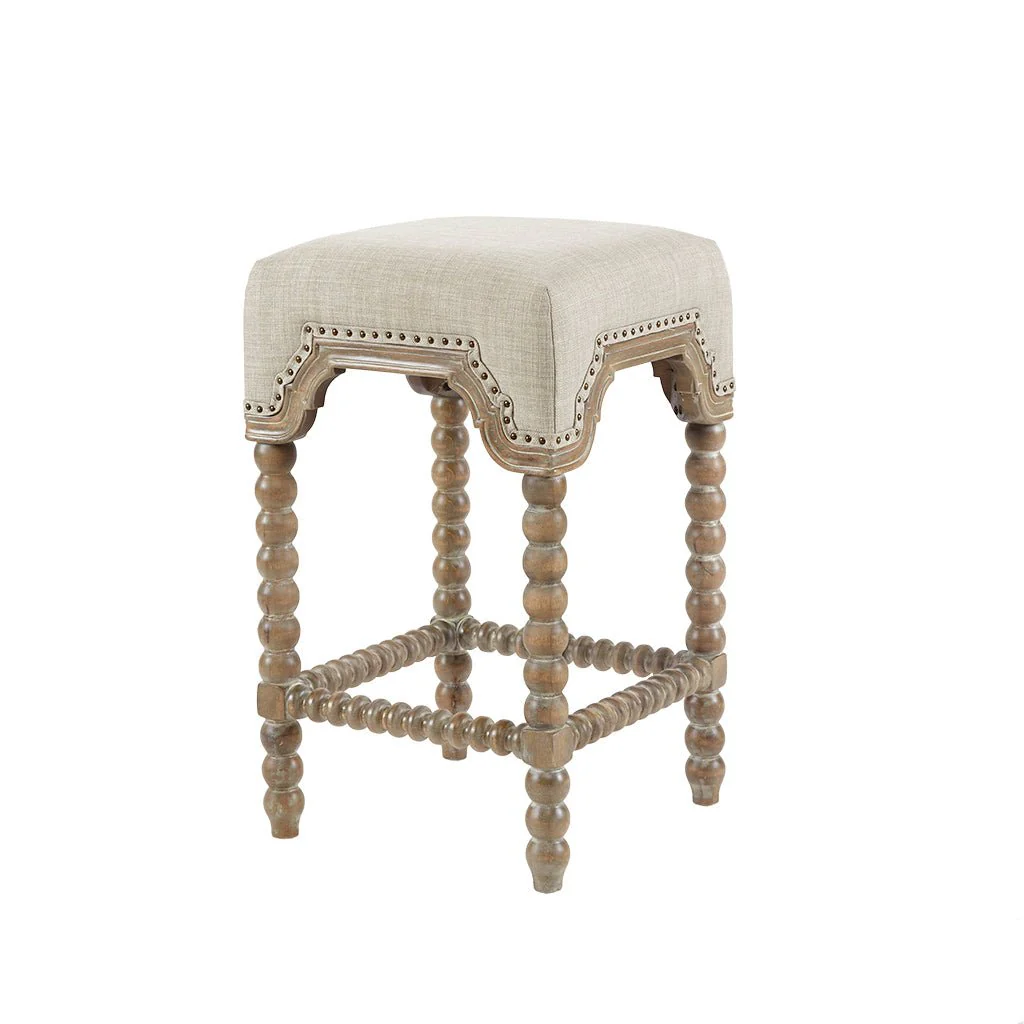 Upholstered Square Counter Stool with Nailhead Trim, Turned Legs and Footrest