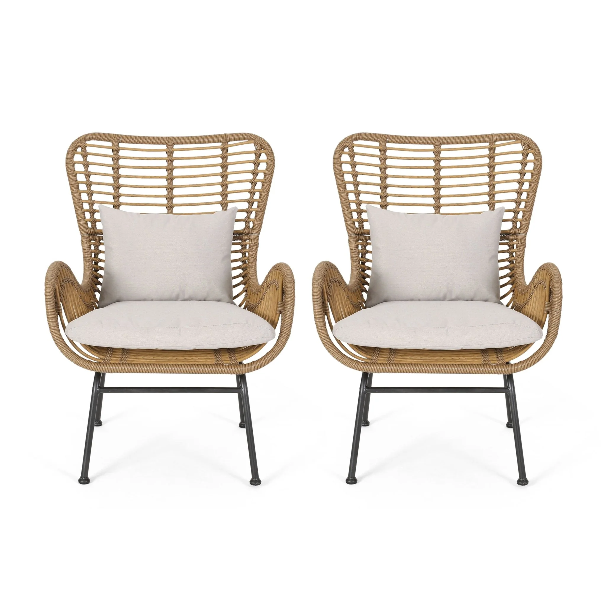 Outdoor Rattan Accent Chair with Metal Legs, Set of 2