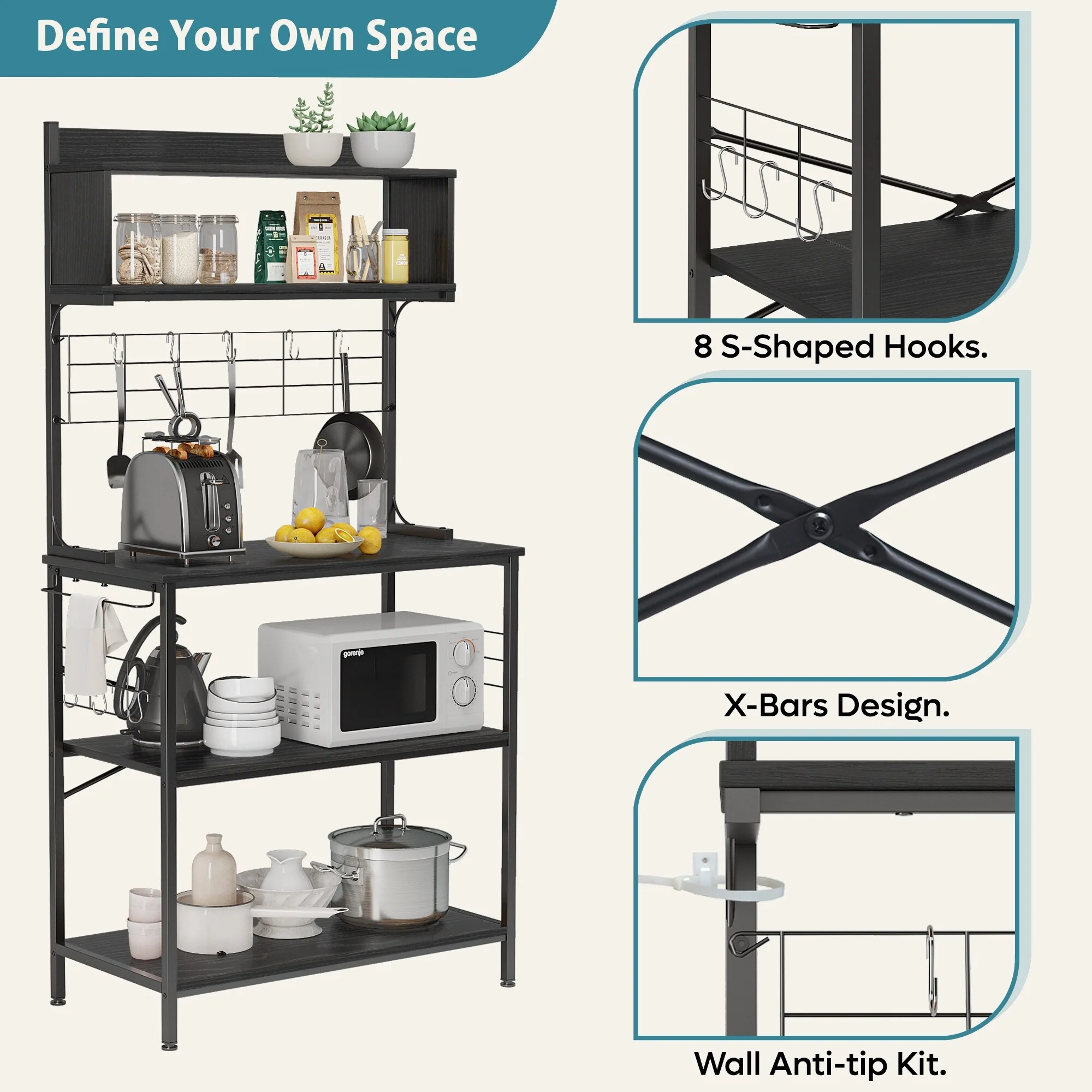63 Inch Kitchen Baker's Rack with Hutch 8 Side Hooks
