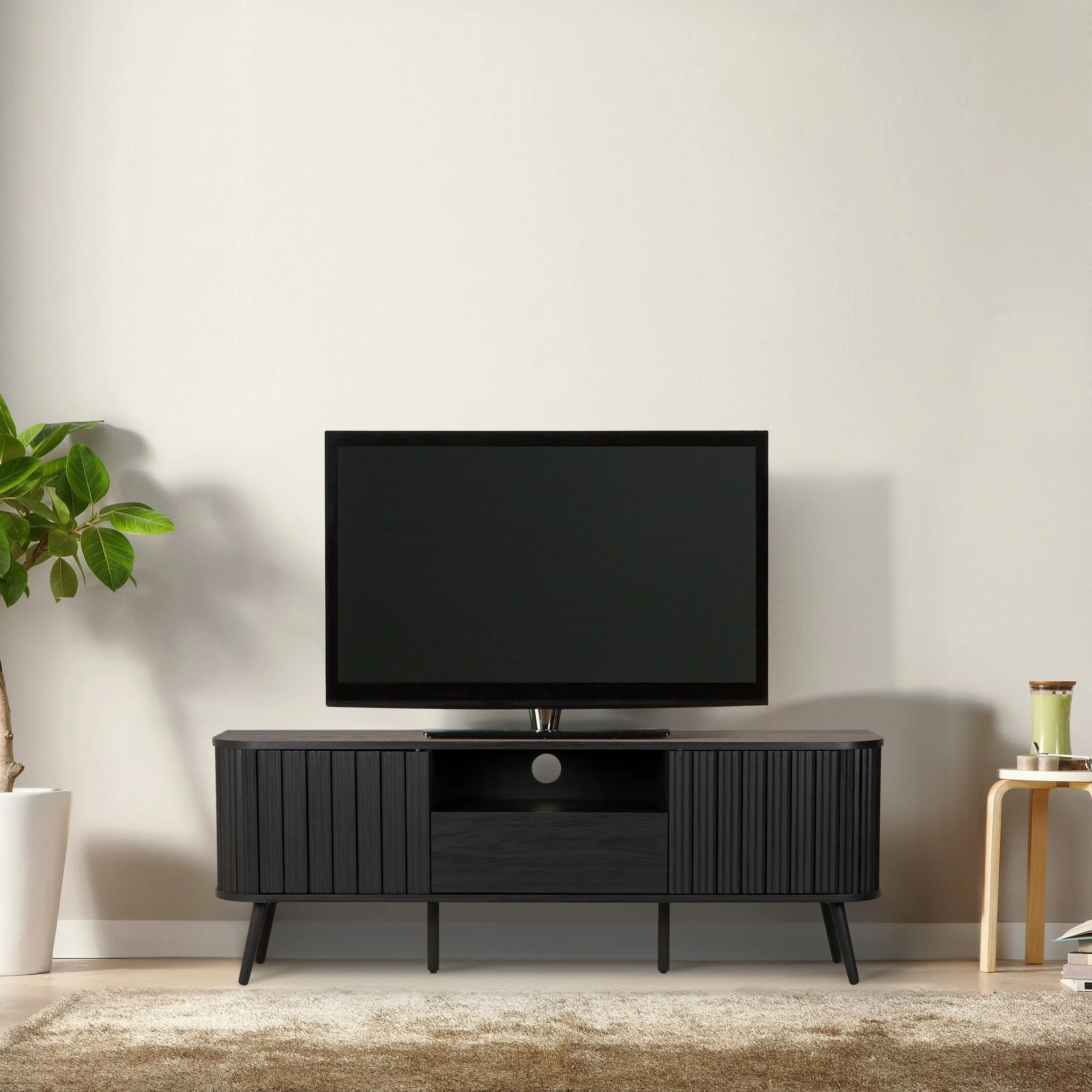 Damien Farmhouse Curved TV Stand with Drawer and Storage Doors Fits TVs up to 75 in. with Cable Management