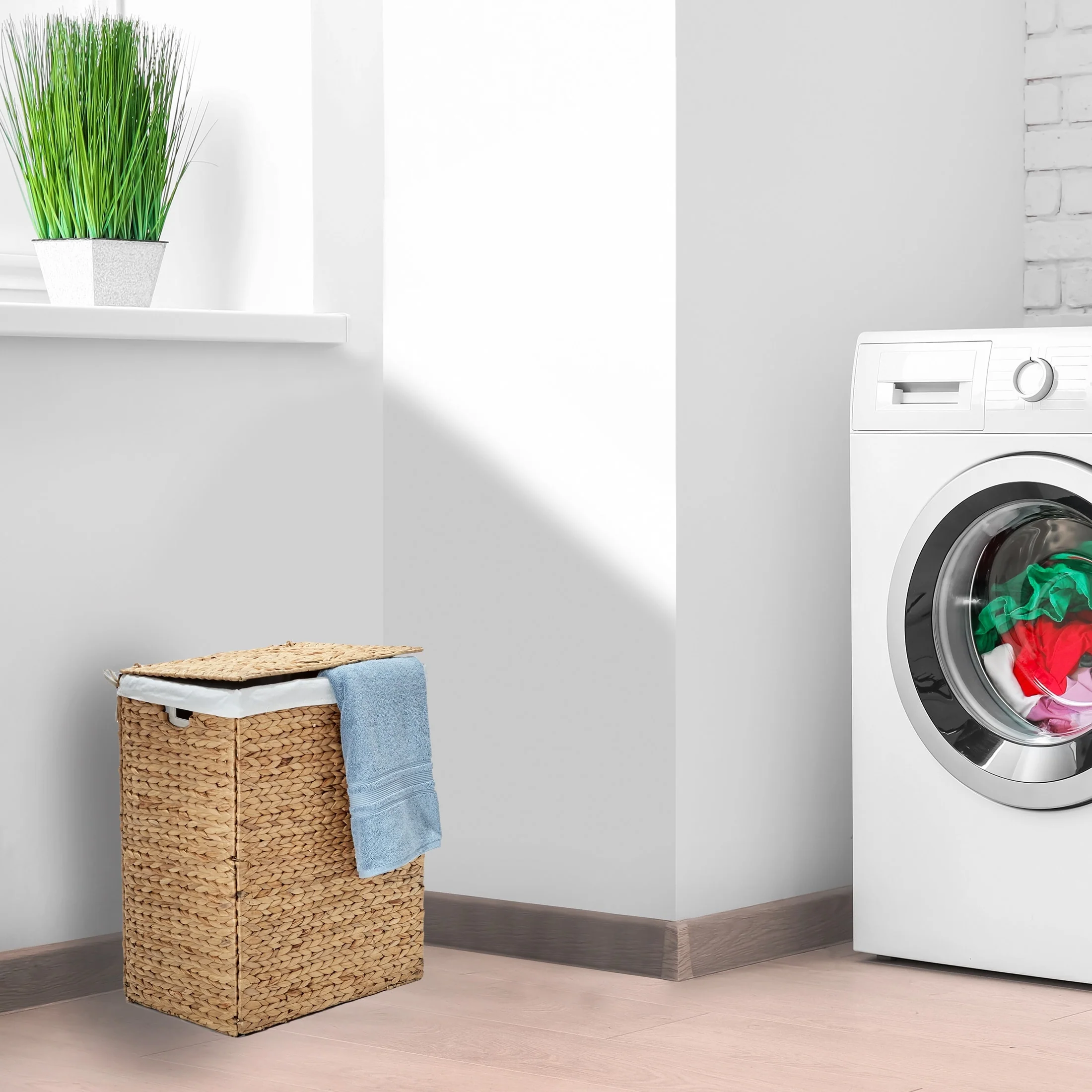 Seville Classics Lidded Foldable Water Hyacinth Portable Rectangular Laundry Hamper Basket with Washable Liner