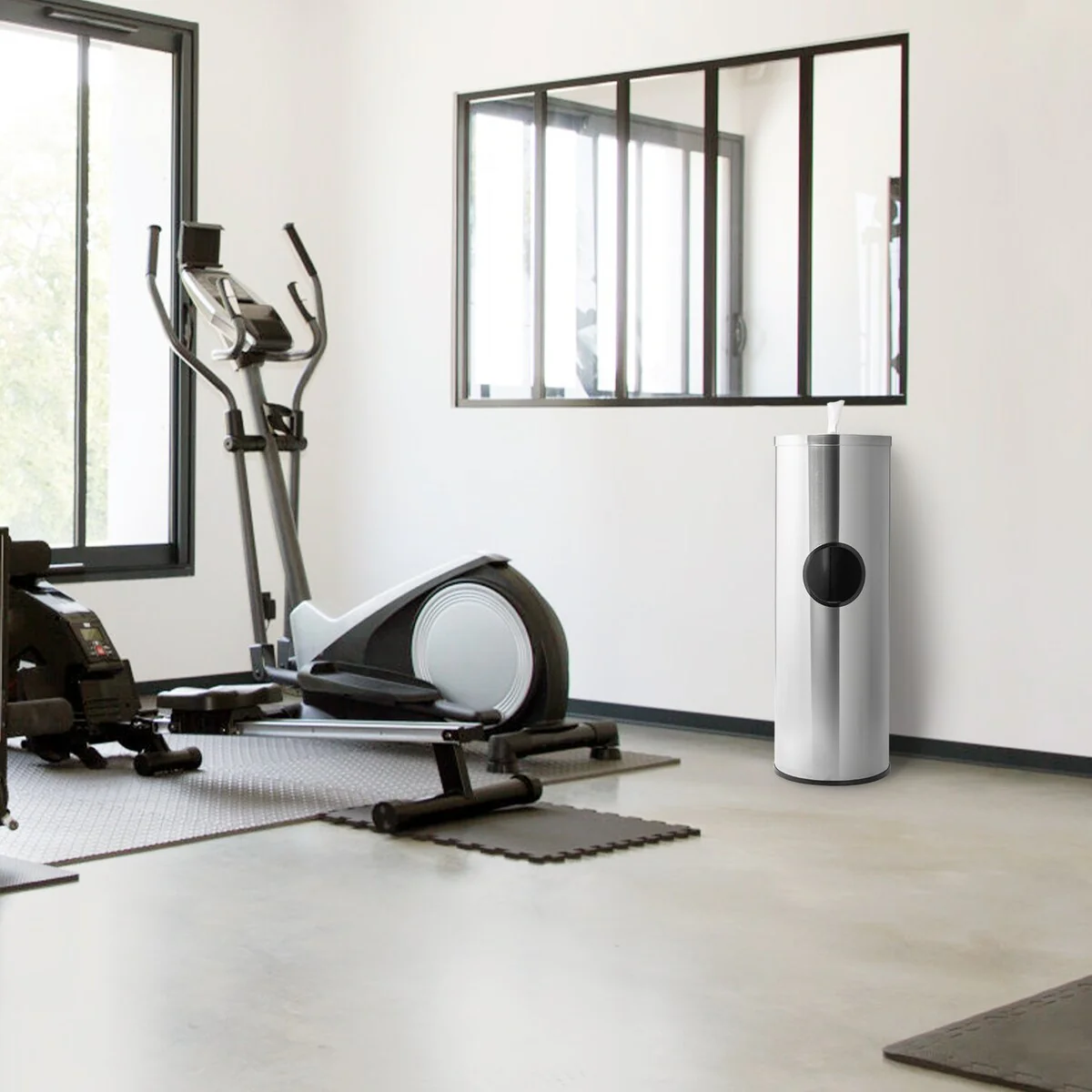 Sleek Gym Wipe Stand with Integrated Waste Receptacle