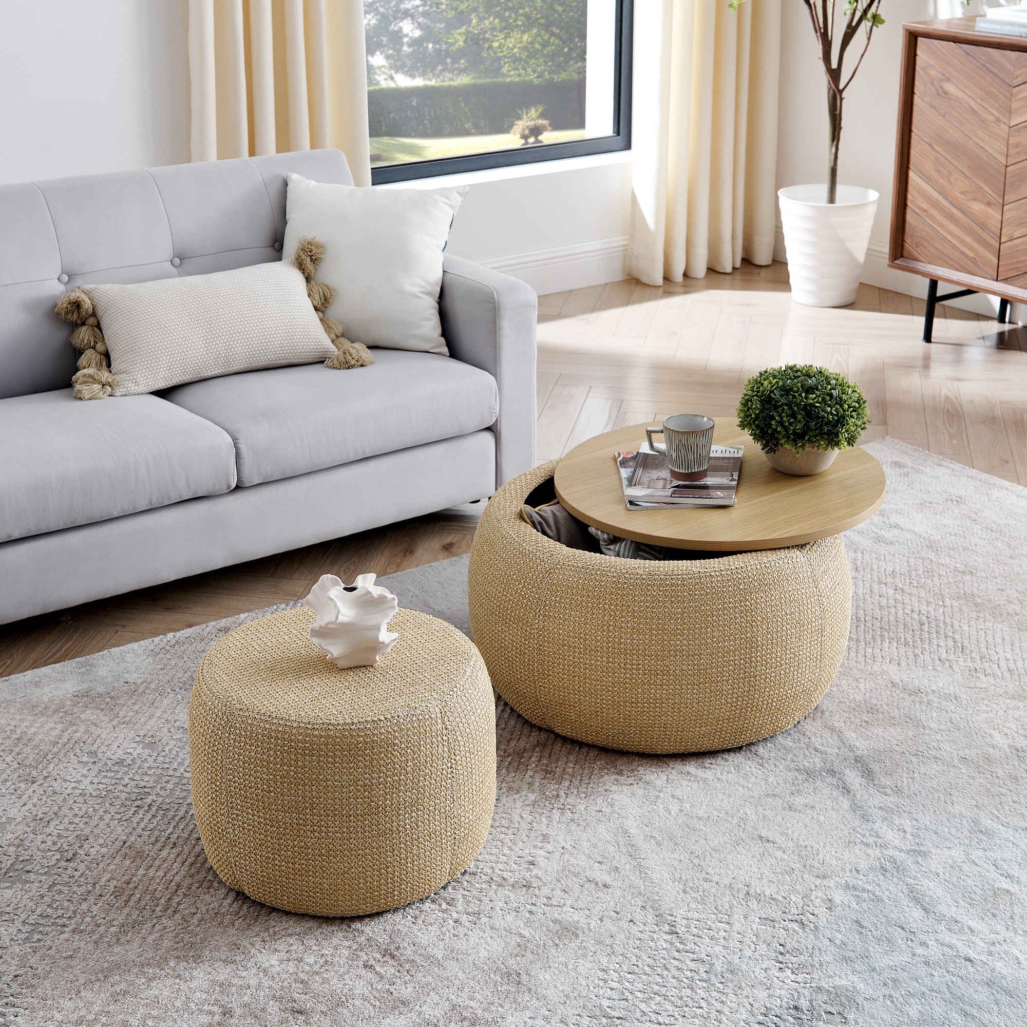 Storage Ottoman Set with Dual Functionality, Serves as an End Table and Seat