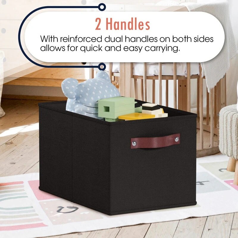 3 Pack Collapsible Shelf Basket Rectangle Storage Bins with Faux Leather Handles