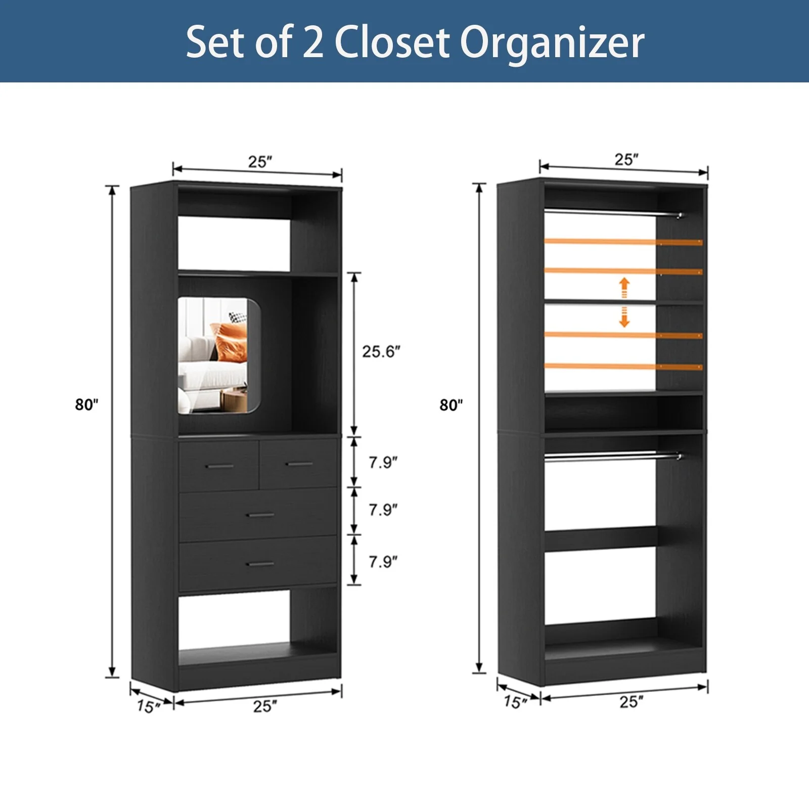 Cimly Set of 2 Free-standing Closet System with Drawers and Hanging Rods for Reach-in/ Walk-in Closet
