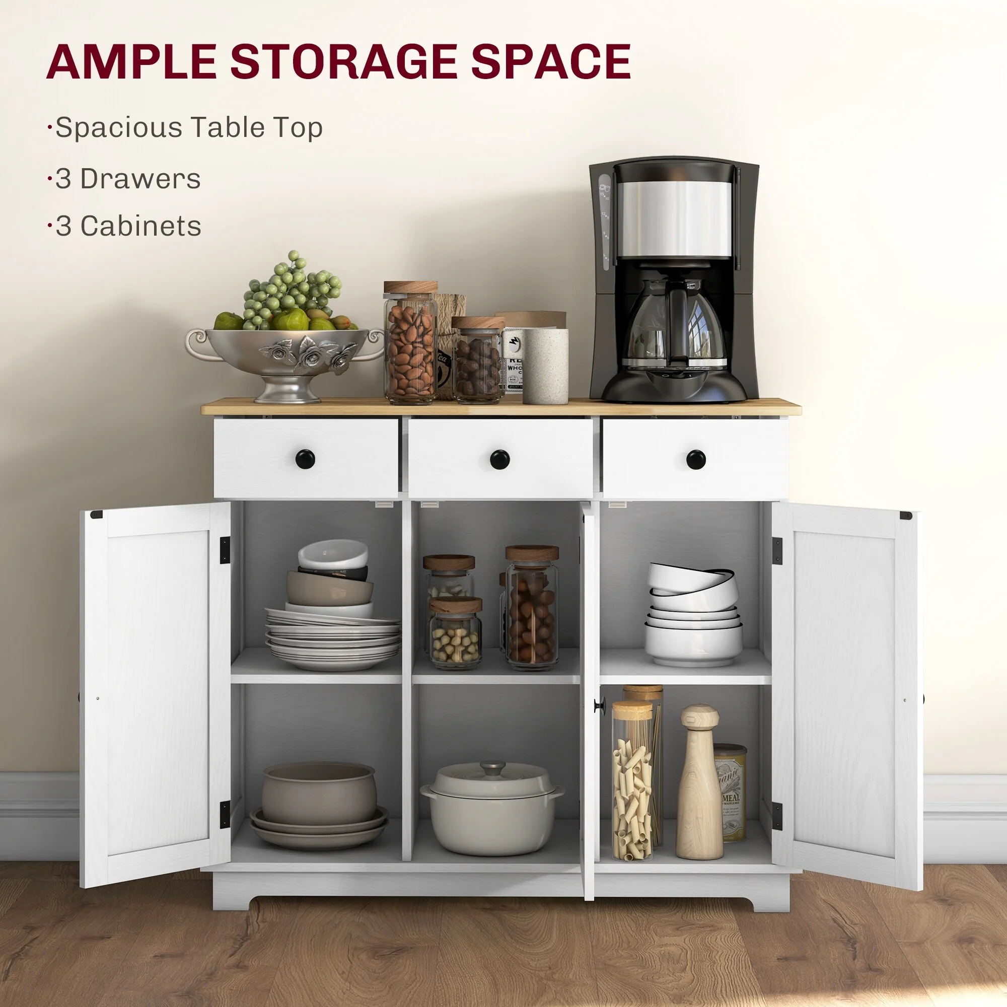 HOMCOM Sideboard with Solid Wood Countertop, Modern Kitchen Storage Cabinet, Coffee Bar Cabinet with 3 Drawers