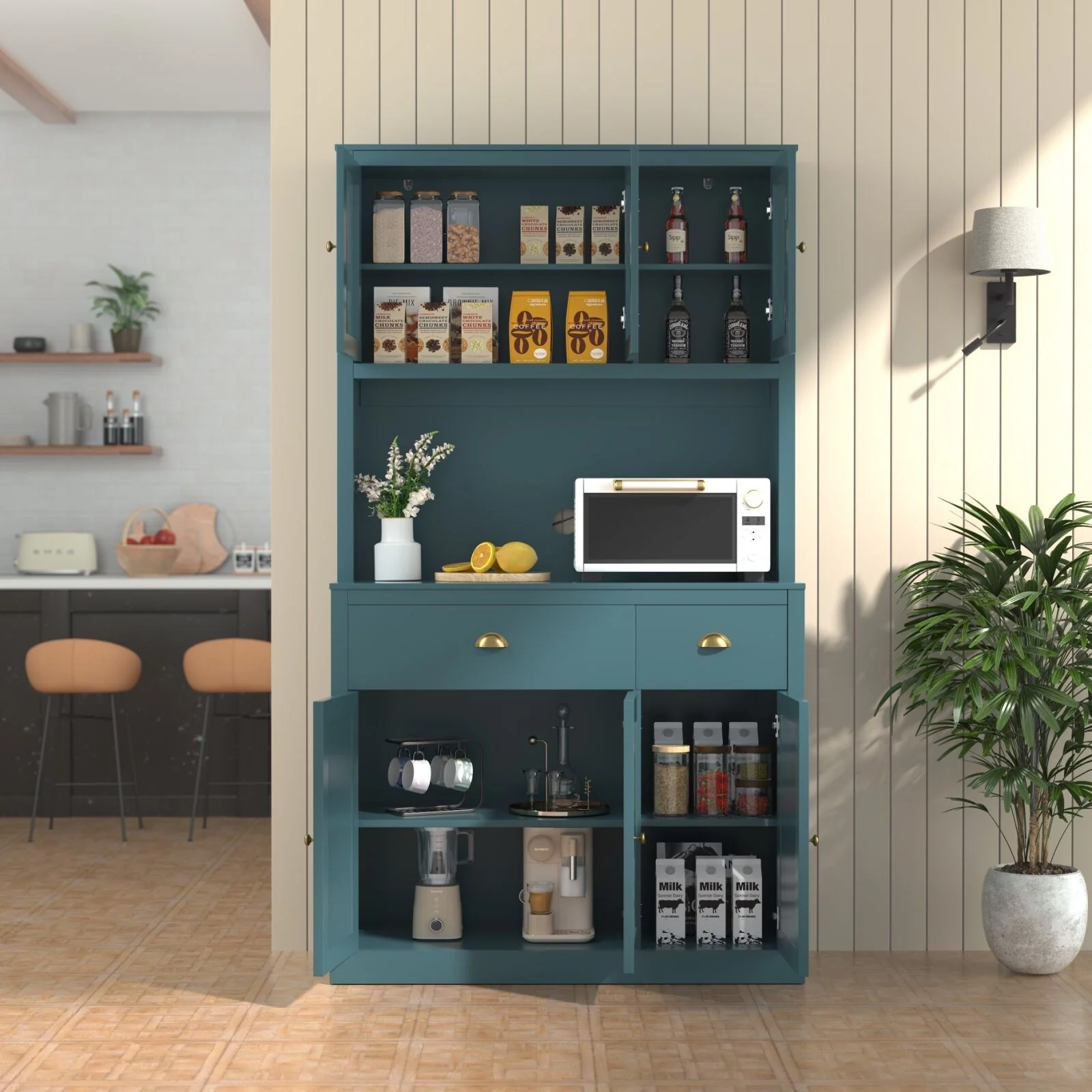 VEIKOUS Kitchen Pantry Storage Cabinet Cupboard with Framed Glass Door and Drawer