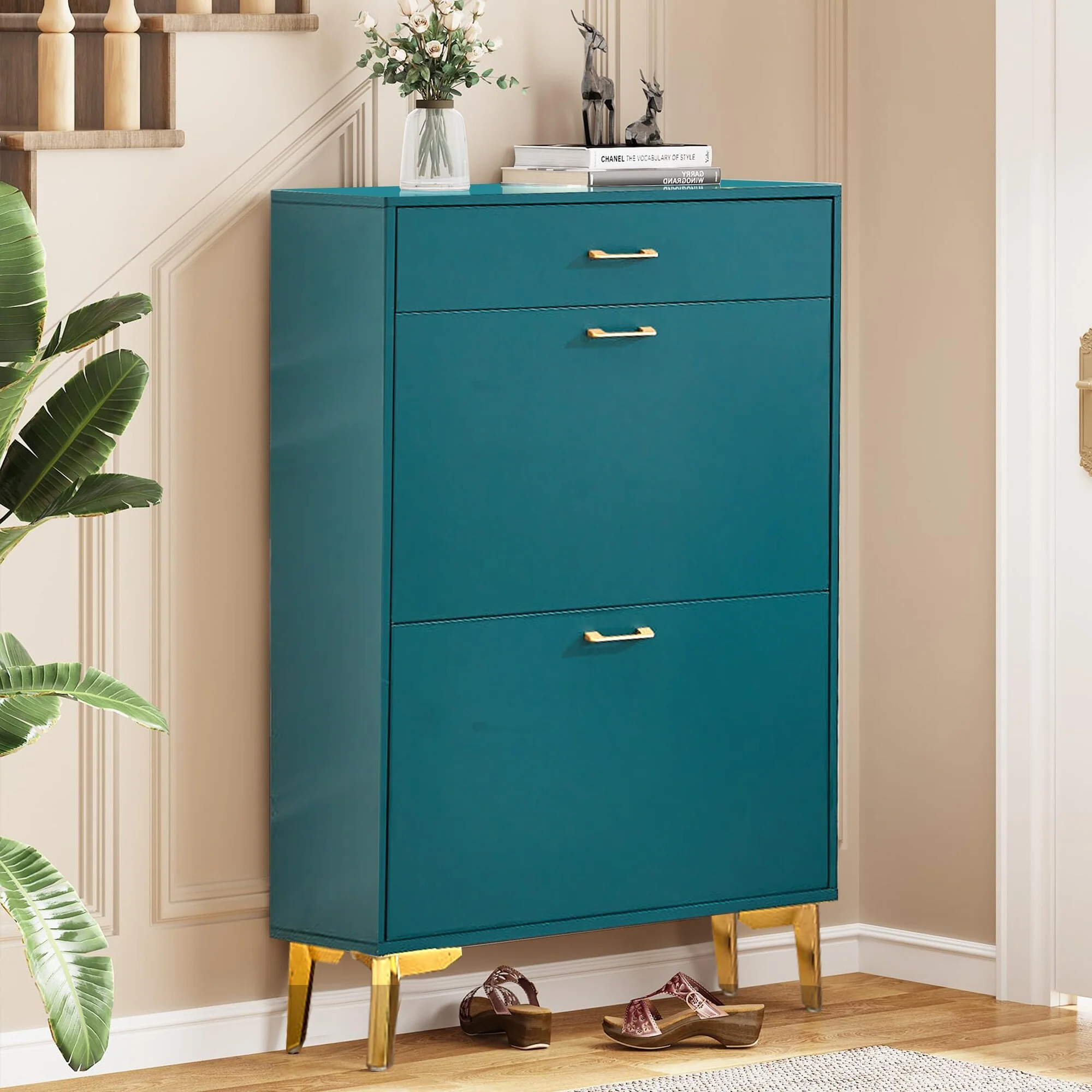 Freestanding Shoe Cabinet for Entryway, with 2 Flip Doors and Drawer - 32'W x 10''D x 43''H