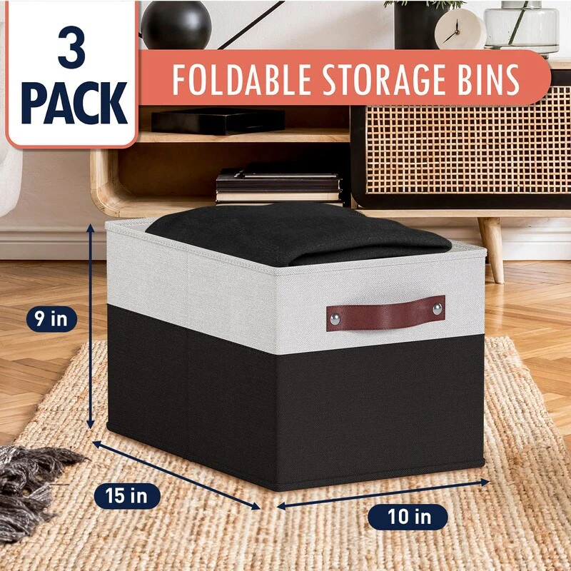 3 Pack Collapsible Shelf Basket Rectangle Storage Bins with Faux Leather Handles