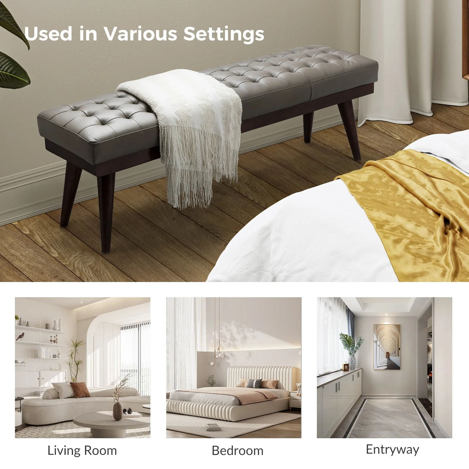Felisa Modern Genuine Leather Tufted Bench With Solid Wood Base By HULALA HOME