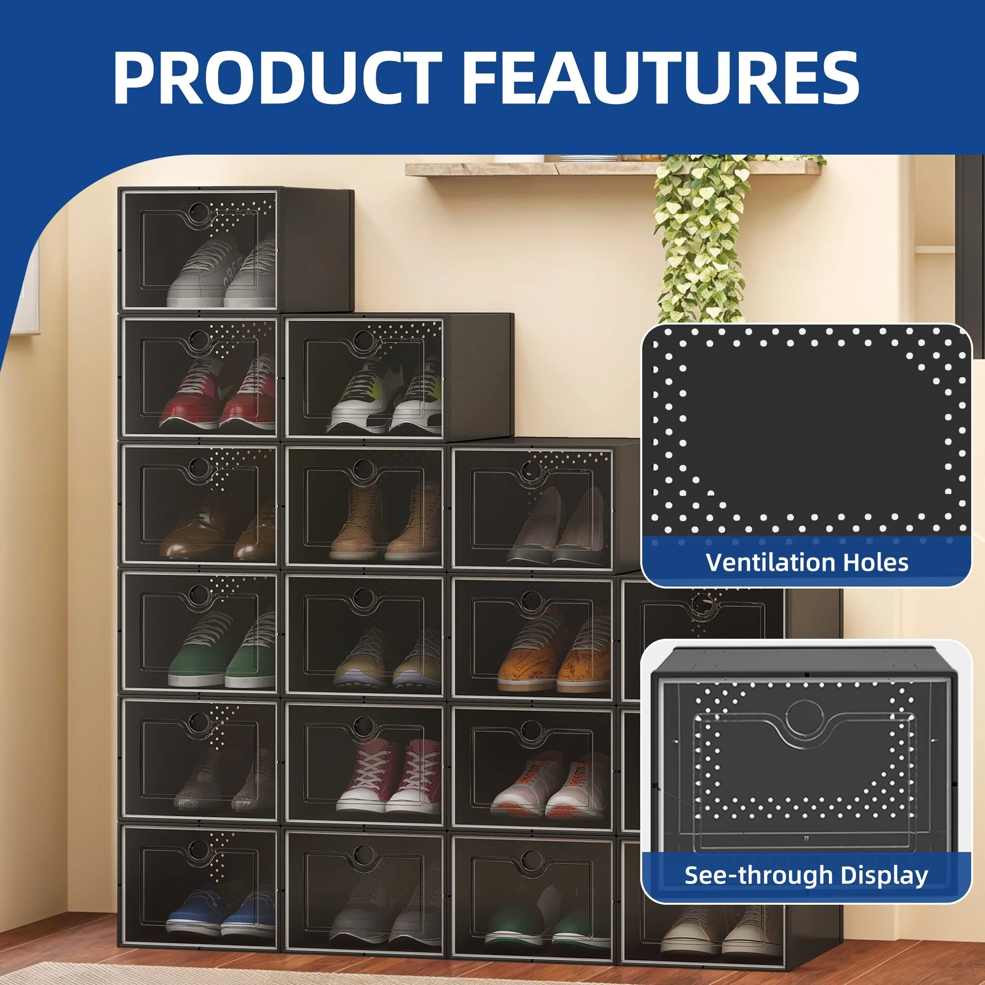 Moasis Shoe Organizer Box, 18 PCS Large Shoe Storage Stackable Shoe Box Rack Containers Drawers - 18PCS