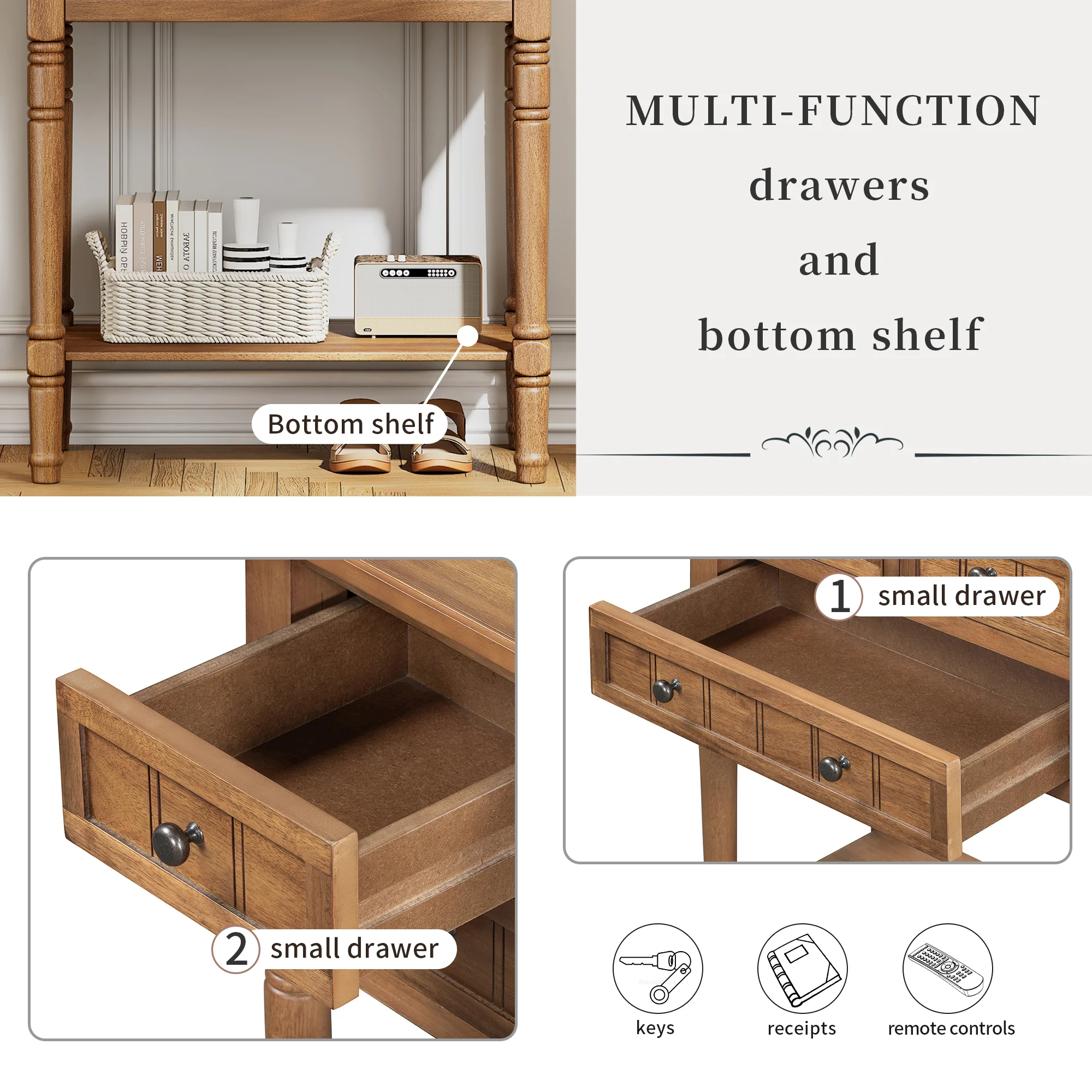 Conquest Narrow Console Table with 3 Drawers and Bottom Shelf