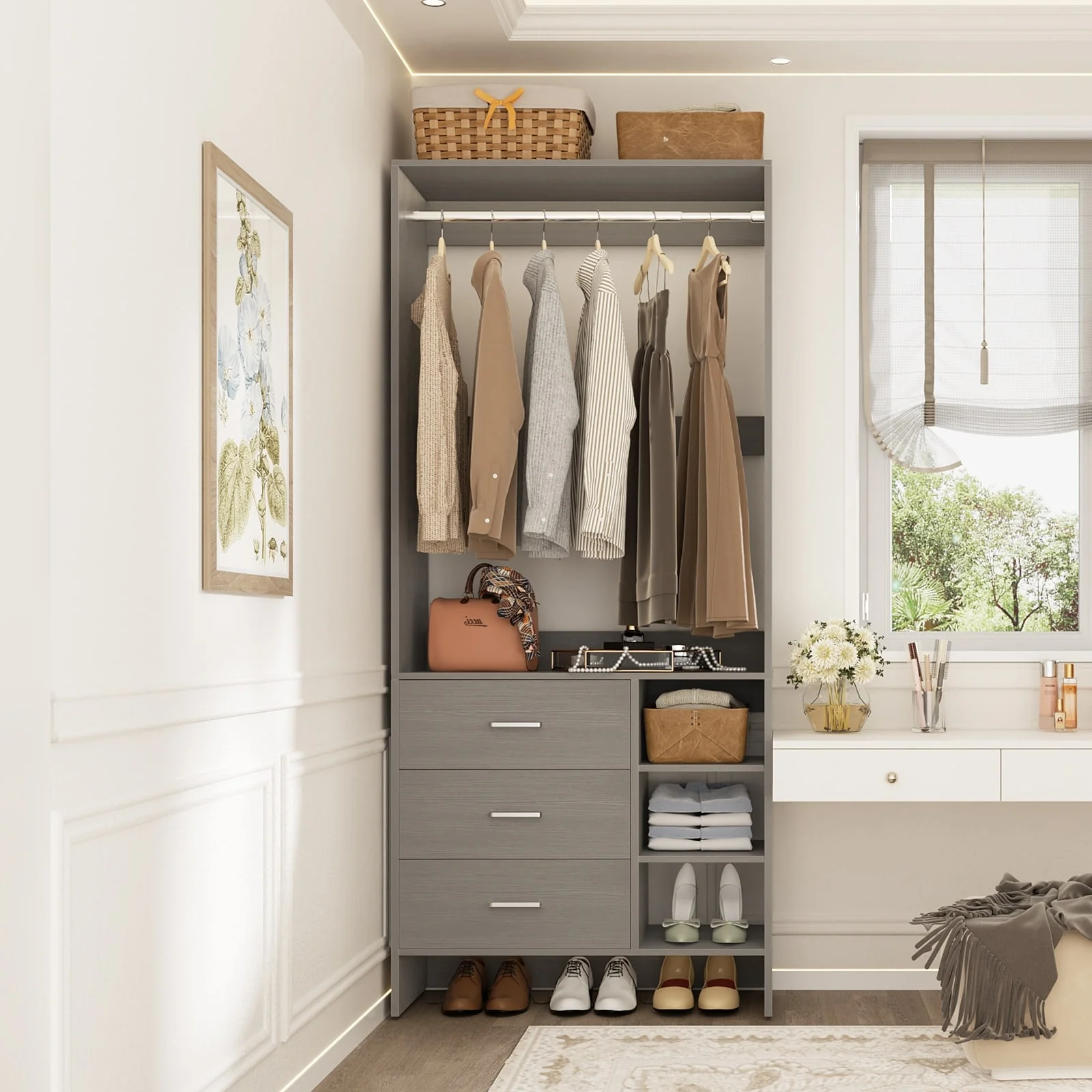 Cimly 30'' W Freestanding Closet Sytem with Hanging Rod, Closet Organizer with Drawers and Shelves