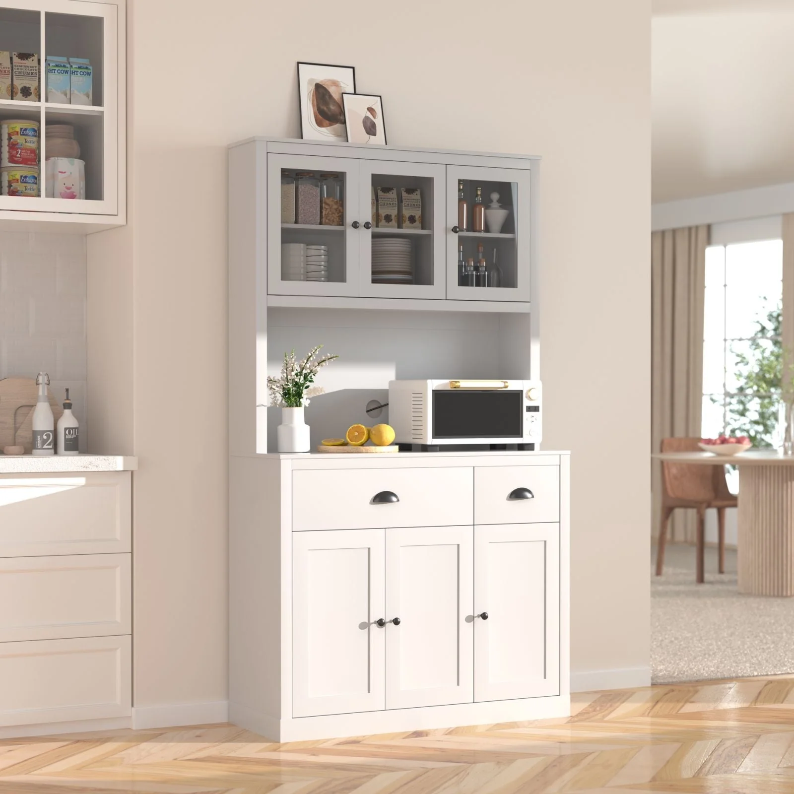 VEIKOUS Kitchen Pantry Storage Cabinet Cupboard with Framed Glass Door and Drawer