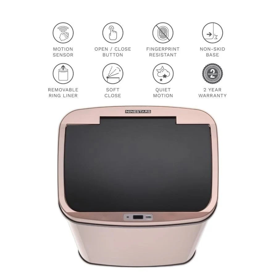 NINESTARS Rectangular Motion Sensor Trash Can 13.2 Gal./50 L Gold DZT-50-28GD