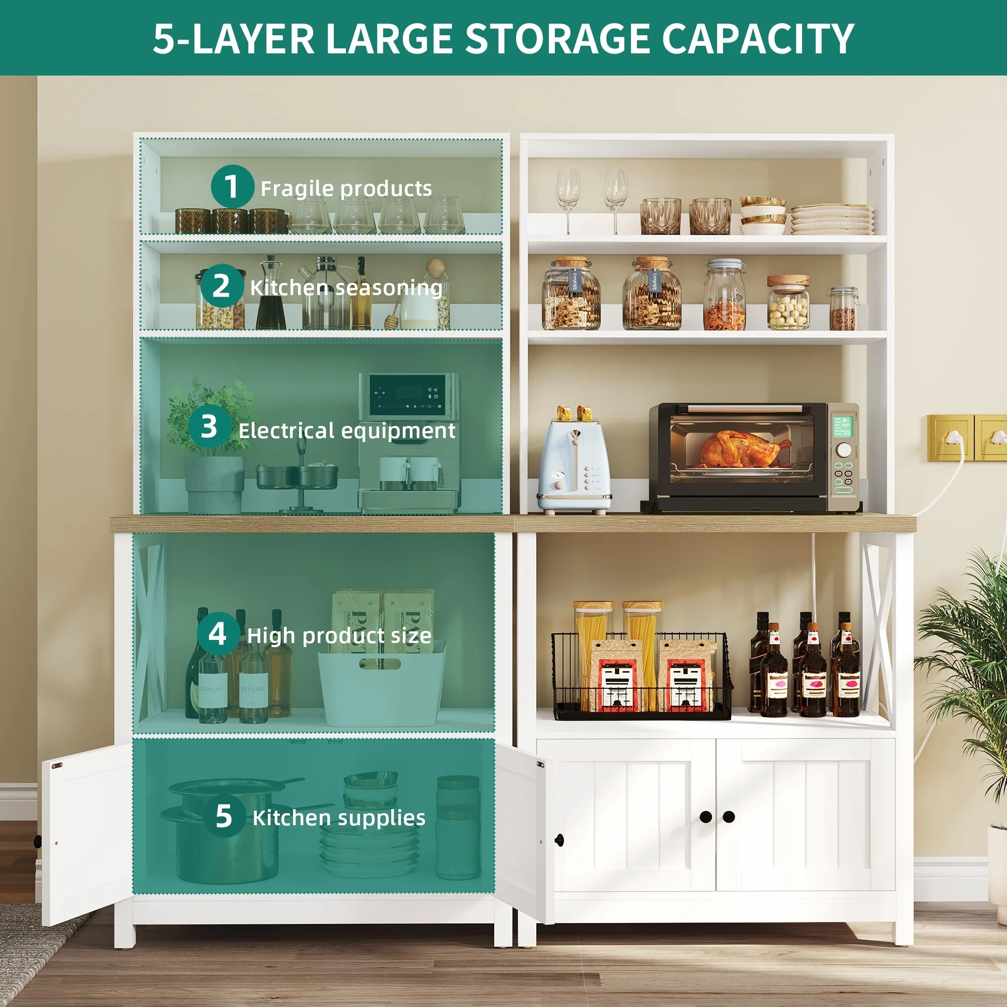 Moasis 5 Tier Kitchen Bakers Rack with Storage Shelves Microwave Oven Stand Kitchen Shelf Organizer