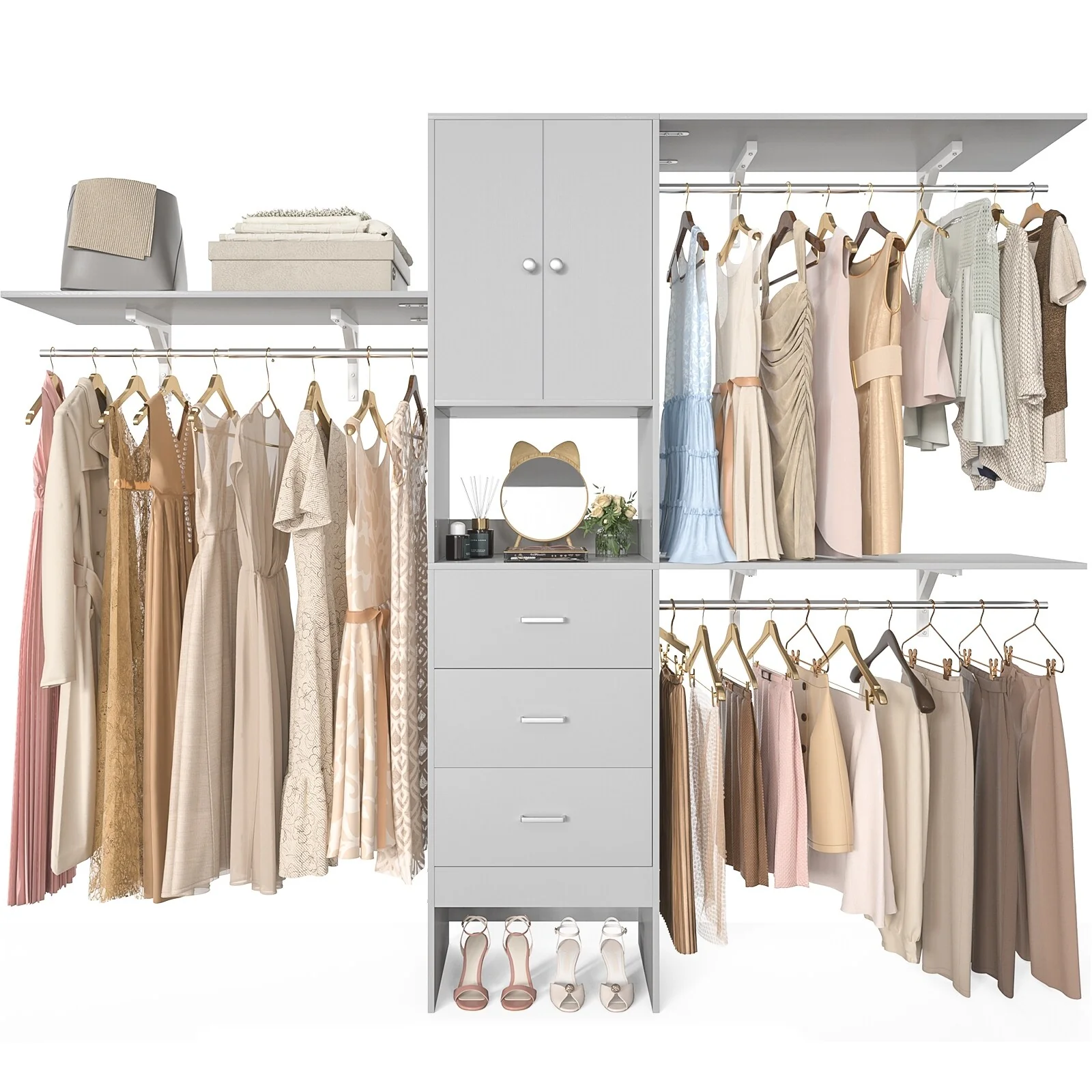 20''-96'' Wide Wooden Closet Organizer With Doors, Adjustable Closet System with Drawers and Hanging Rods