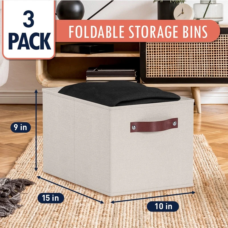 3 Pack Collapsible Shelf Basket Rectangle Storage Bins with Faux Leather Handles
