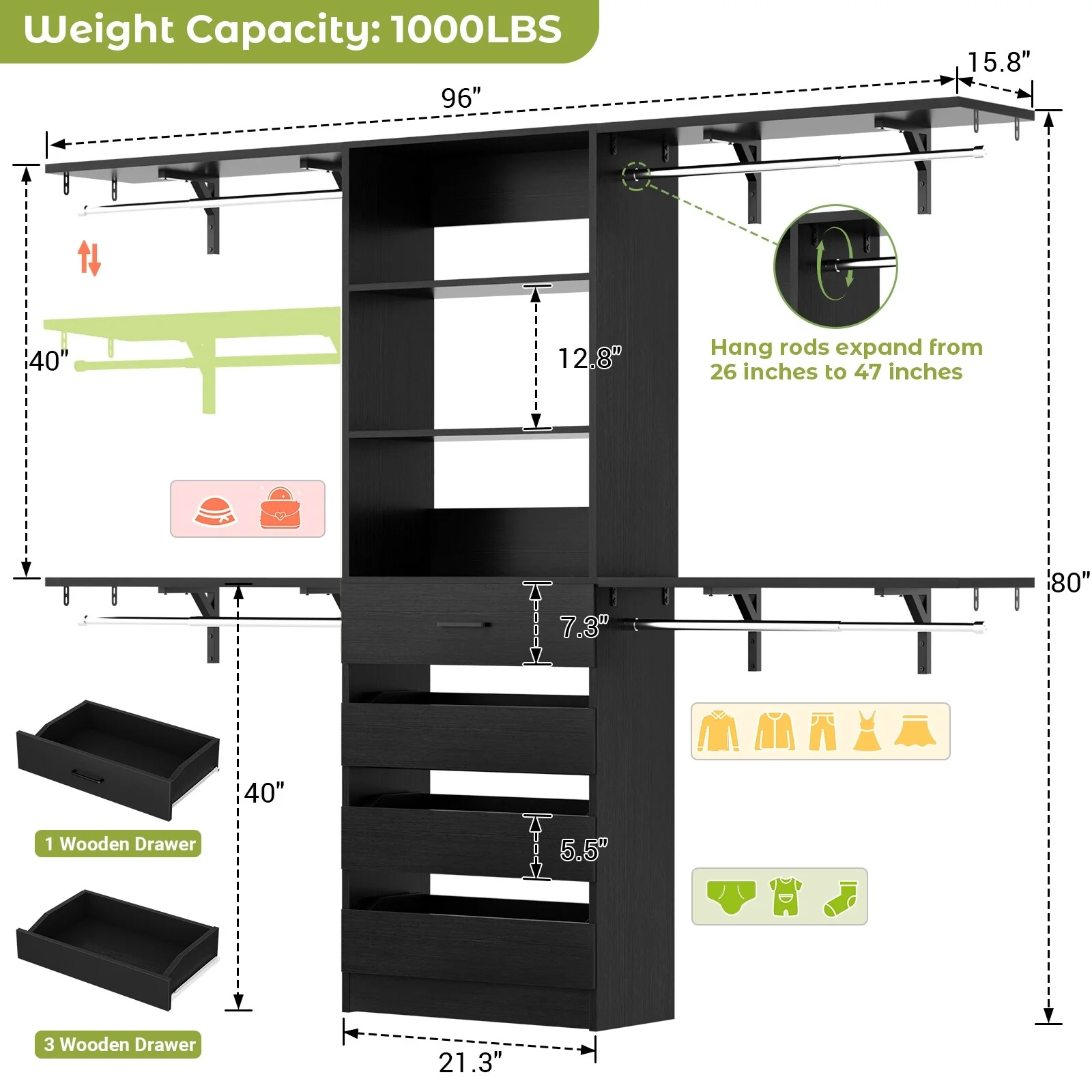 Rackcog 96'' Closet System with 4 Drawers and 4 Hanging Rods, 8FT Wood Closet Organizer for Walk-in Closet