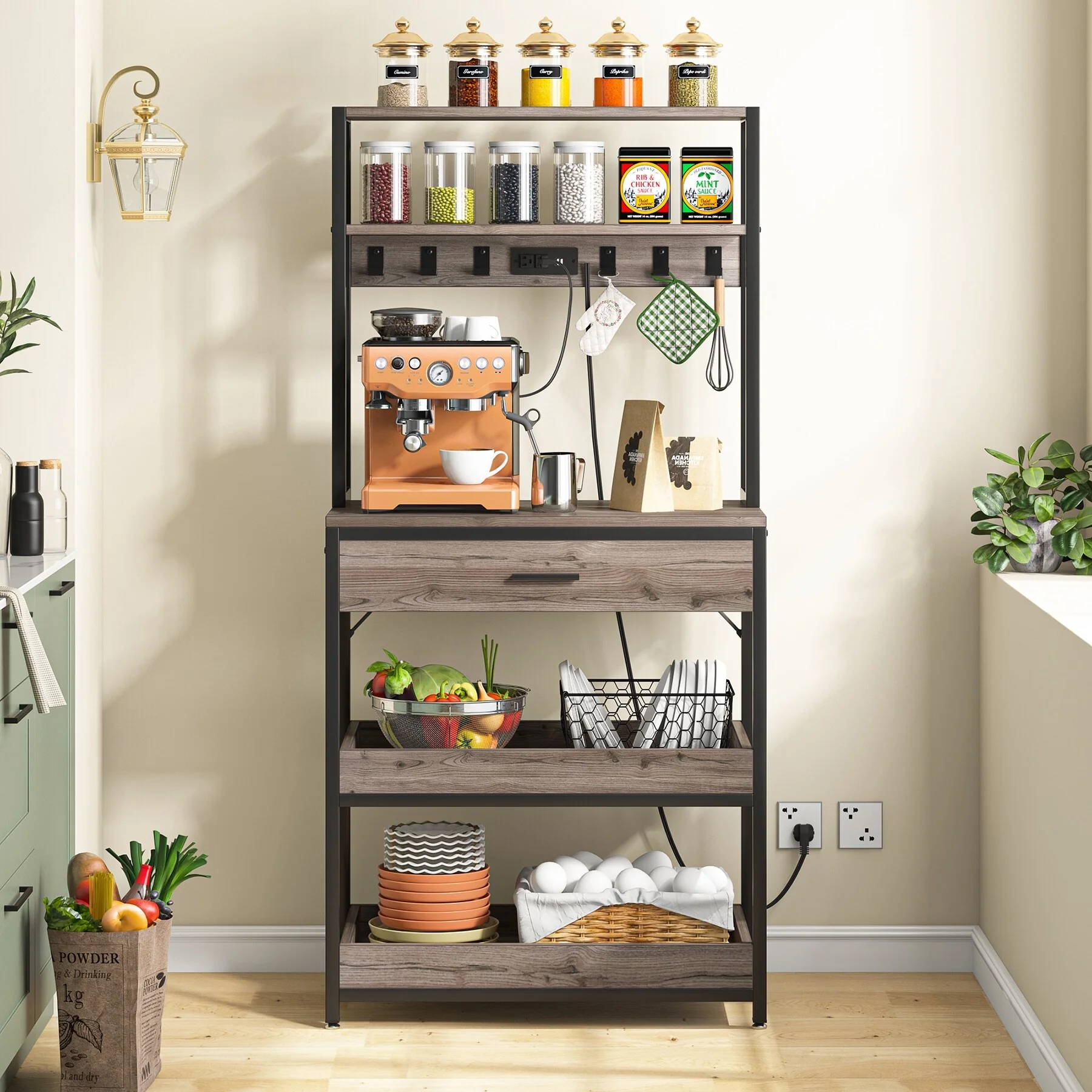 Kitchen Bakers Rack with Power Outlets, High Utility Storage Shelves Microwave Stand with Drawers