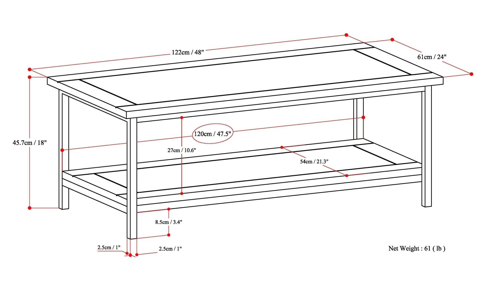 Haloed Rectangular Coffee Table with Open Bottom Shelf and Metal Frame