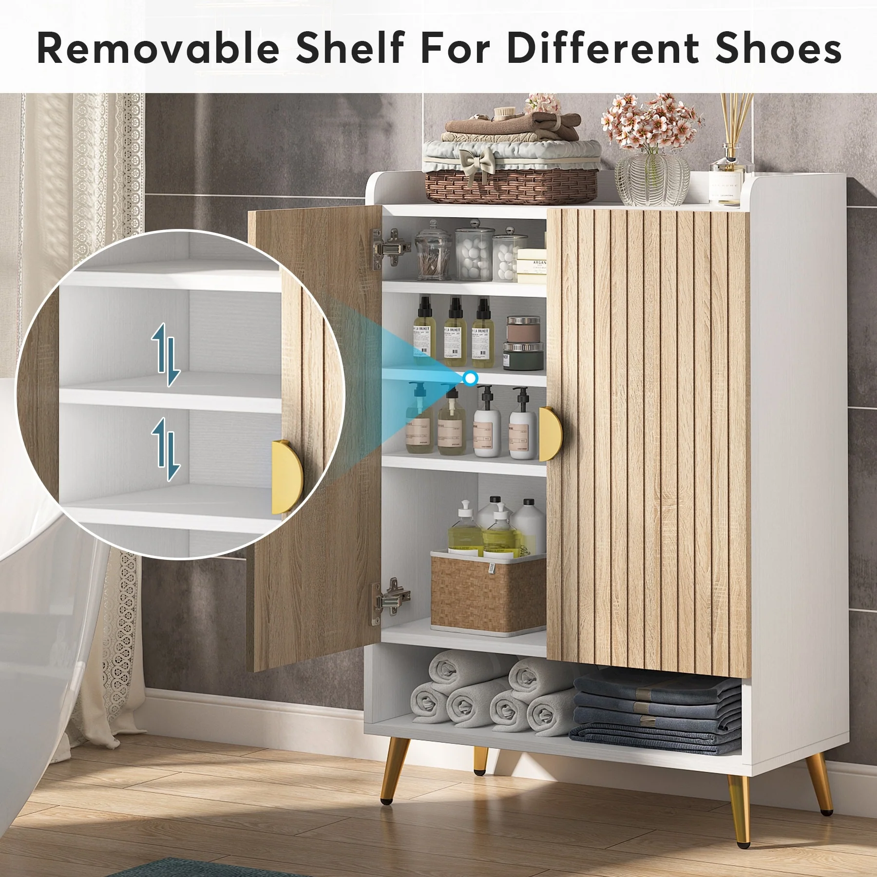 Shoe Cabinet with Doors, Entryway Shoe Storage Cabinet with Adjustable Shelves - 29.6