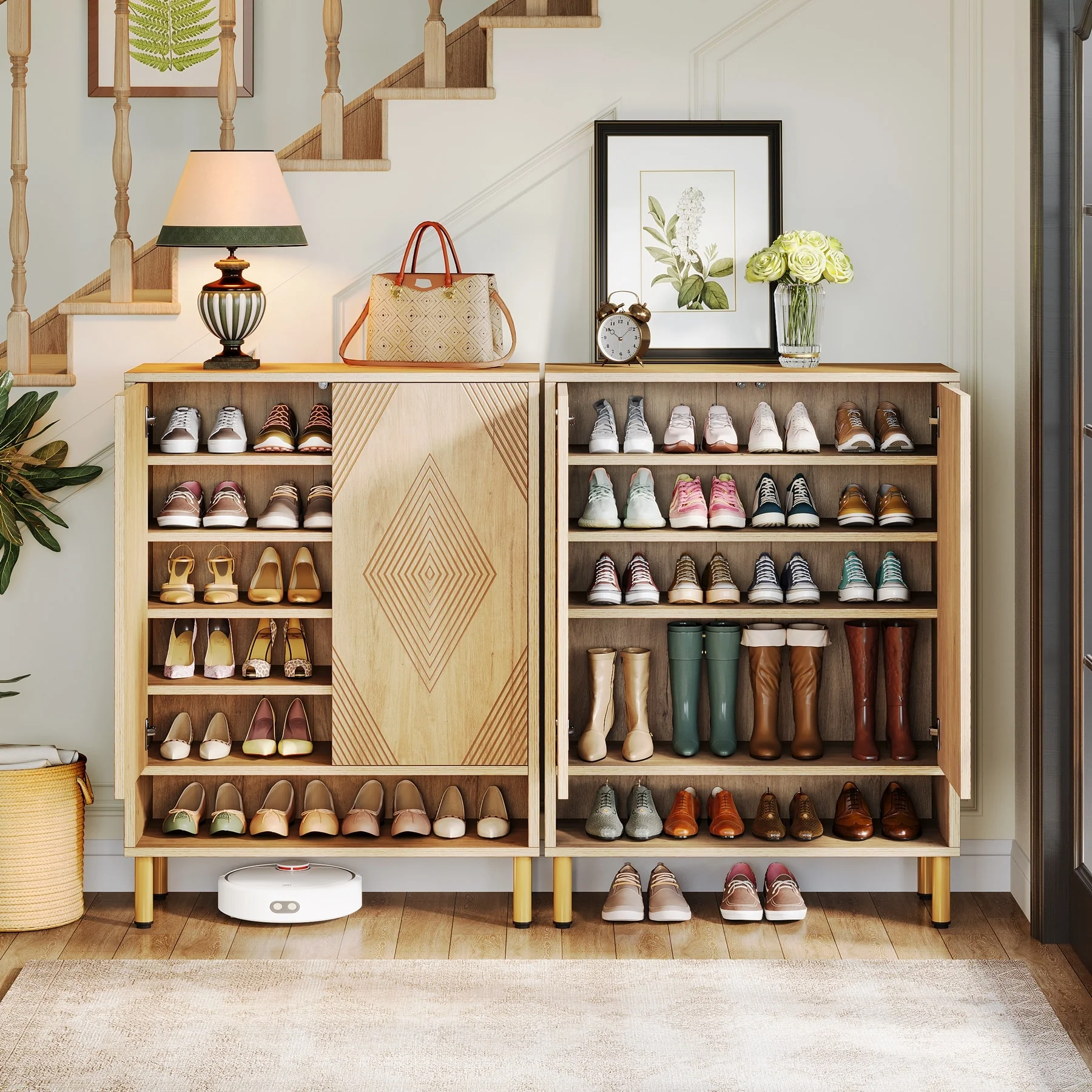 6-tier Shoe Cabinet with Doors, Wood Shoe Rack with Adjustable Shelves