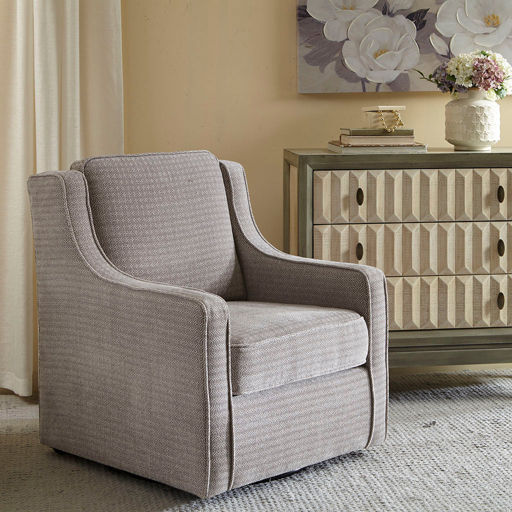 Upholstered Swivel Chair with Curved Armrest and Metal Base
