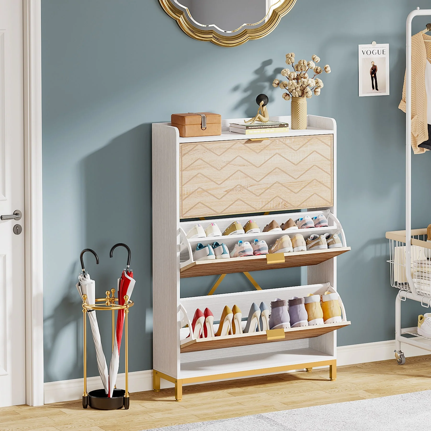 Slim Shoe Cabinet, Freestanding 24 Pair Shoe Rack Organizer
