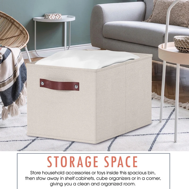 3 Pack Collapsible Shelf Basket Rectangle Storage Bins with Faux Leather Handles