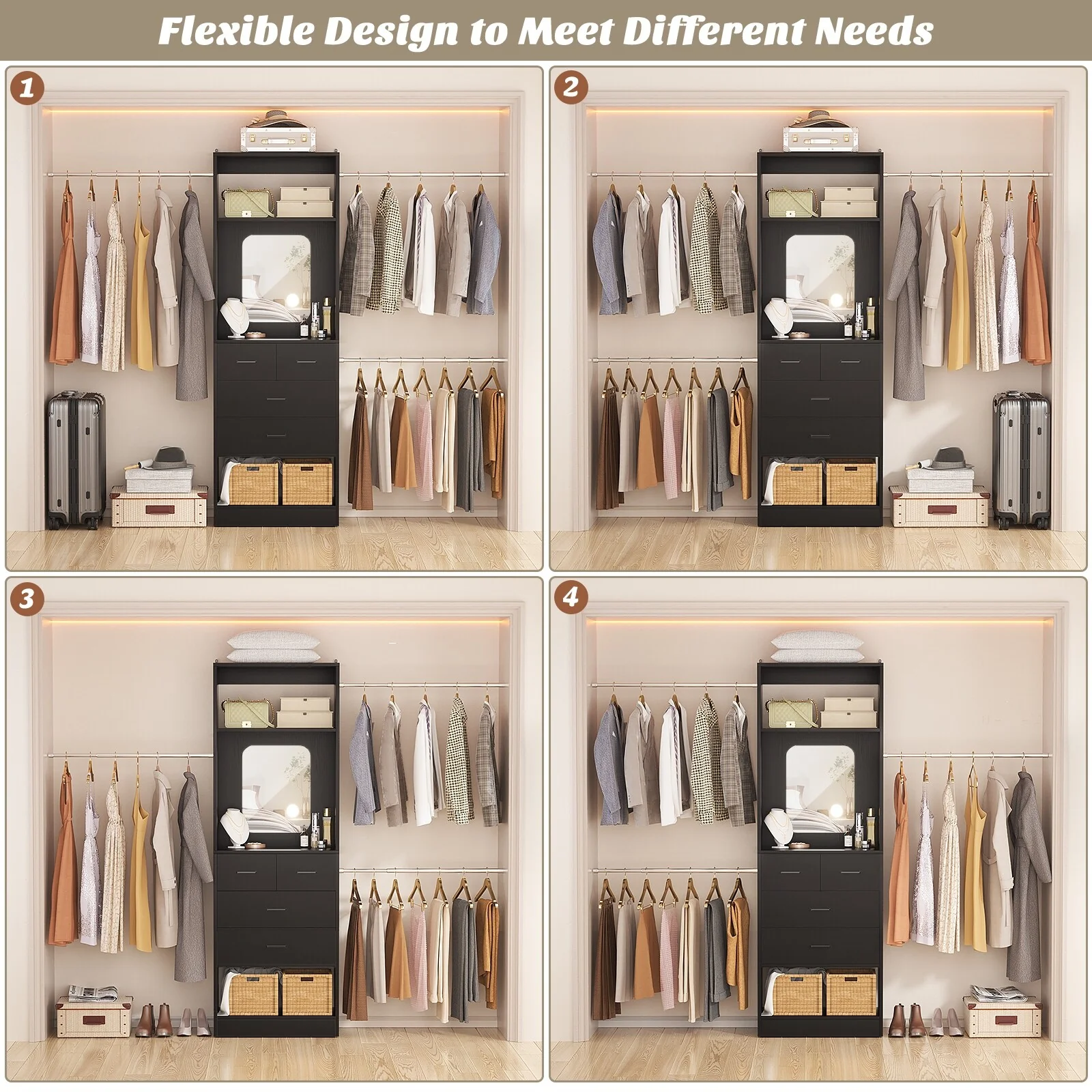96'' W Closet System with Mirror, 8FT Walk-in Closet Organizer Kits with 4 Wooden Drawers ＆ 3 Extendable Hanging Rods